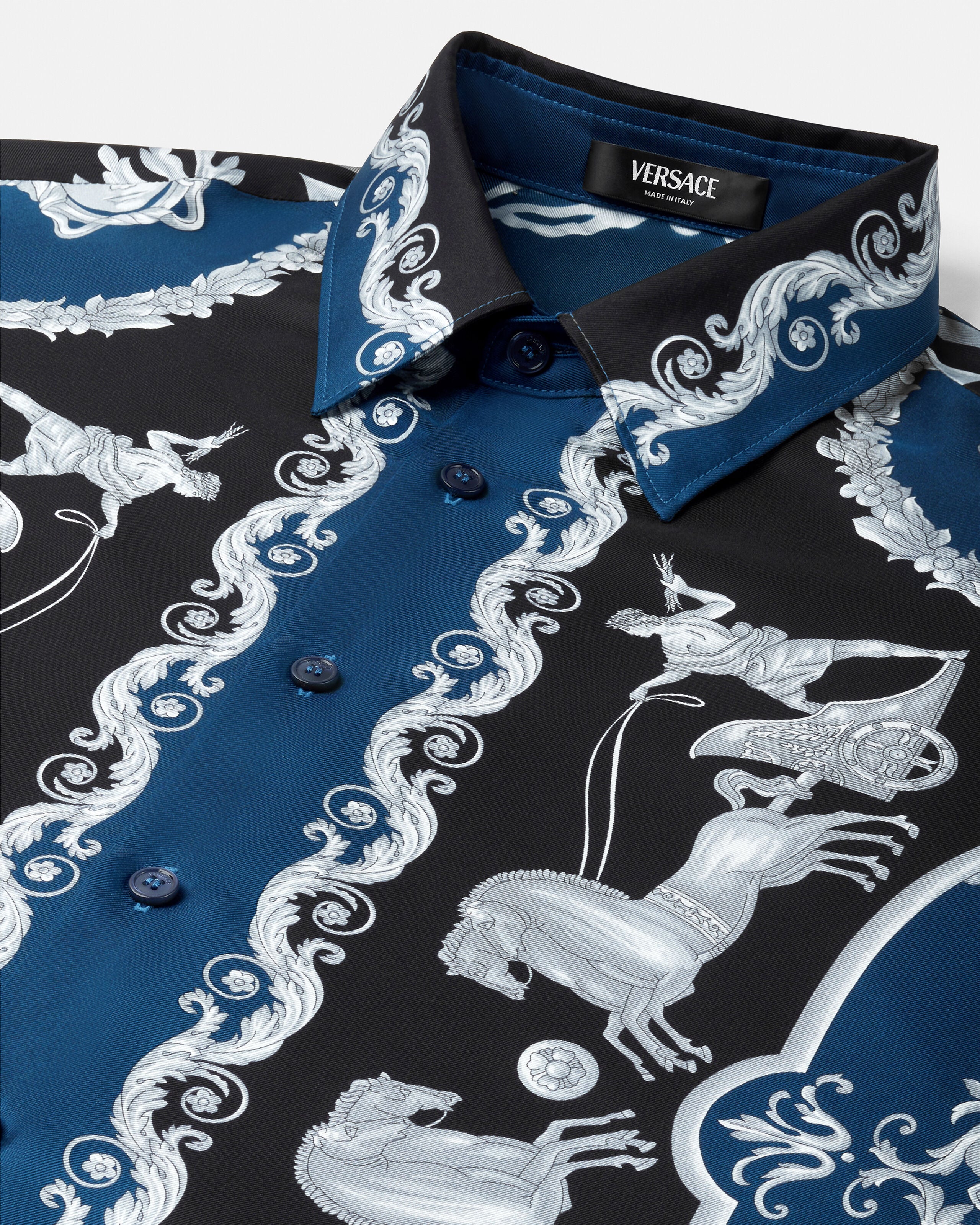Printed Silk Twill Regular Shirt Black,Blue | VERSACE US