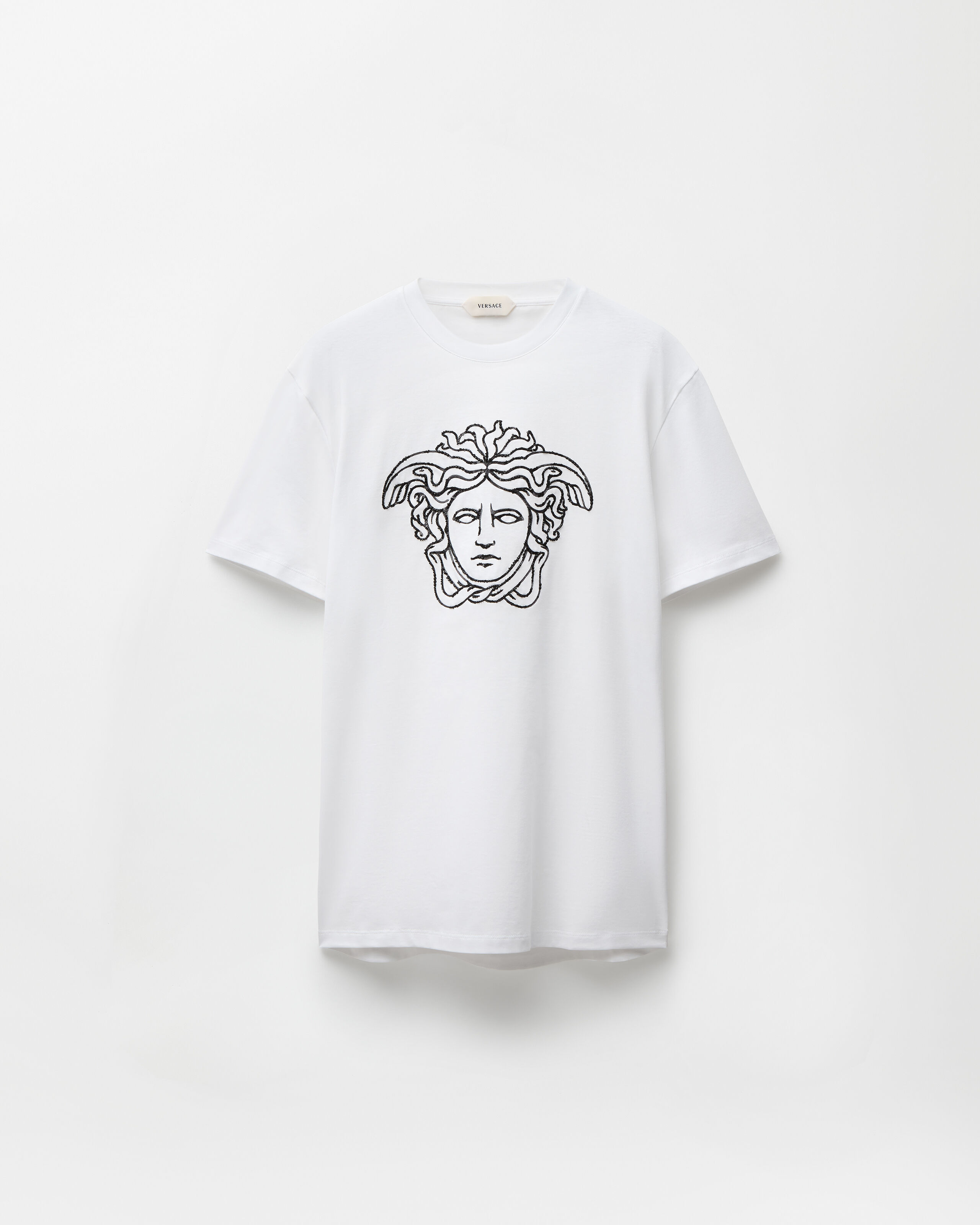 美品✨ヴェルサーチ Tシャツ メデューサ ロゴ 柄 洗える ホワイト 白 38 Embroidered-Logo Cotton-Jersey T-Shirt White | VERSACE US