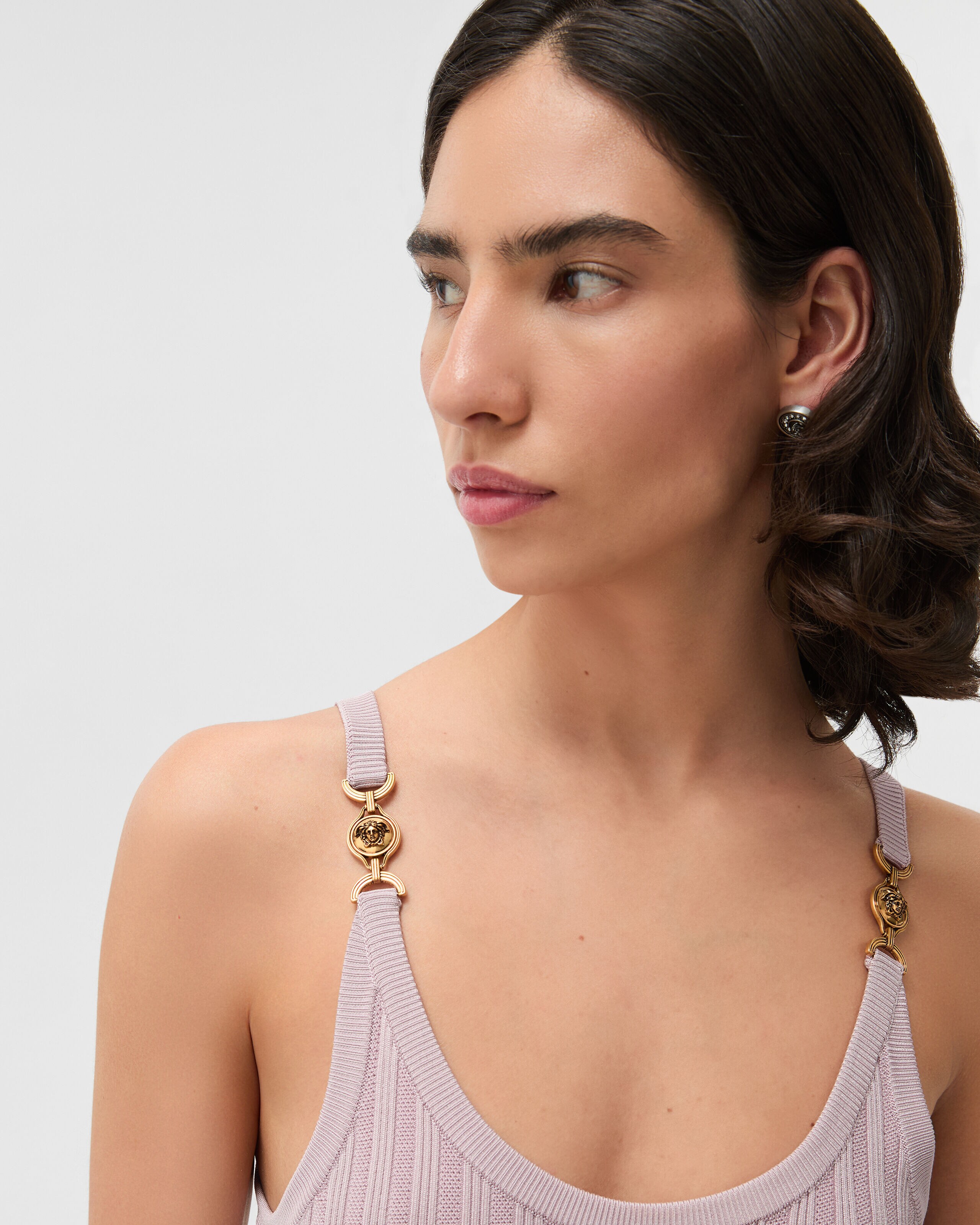 Viscose Mesh Ribbed Knit Midi Dress Pink | VERSACE US