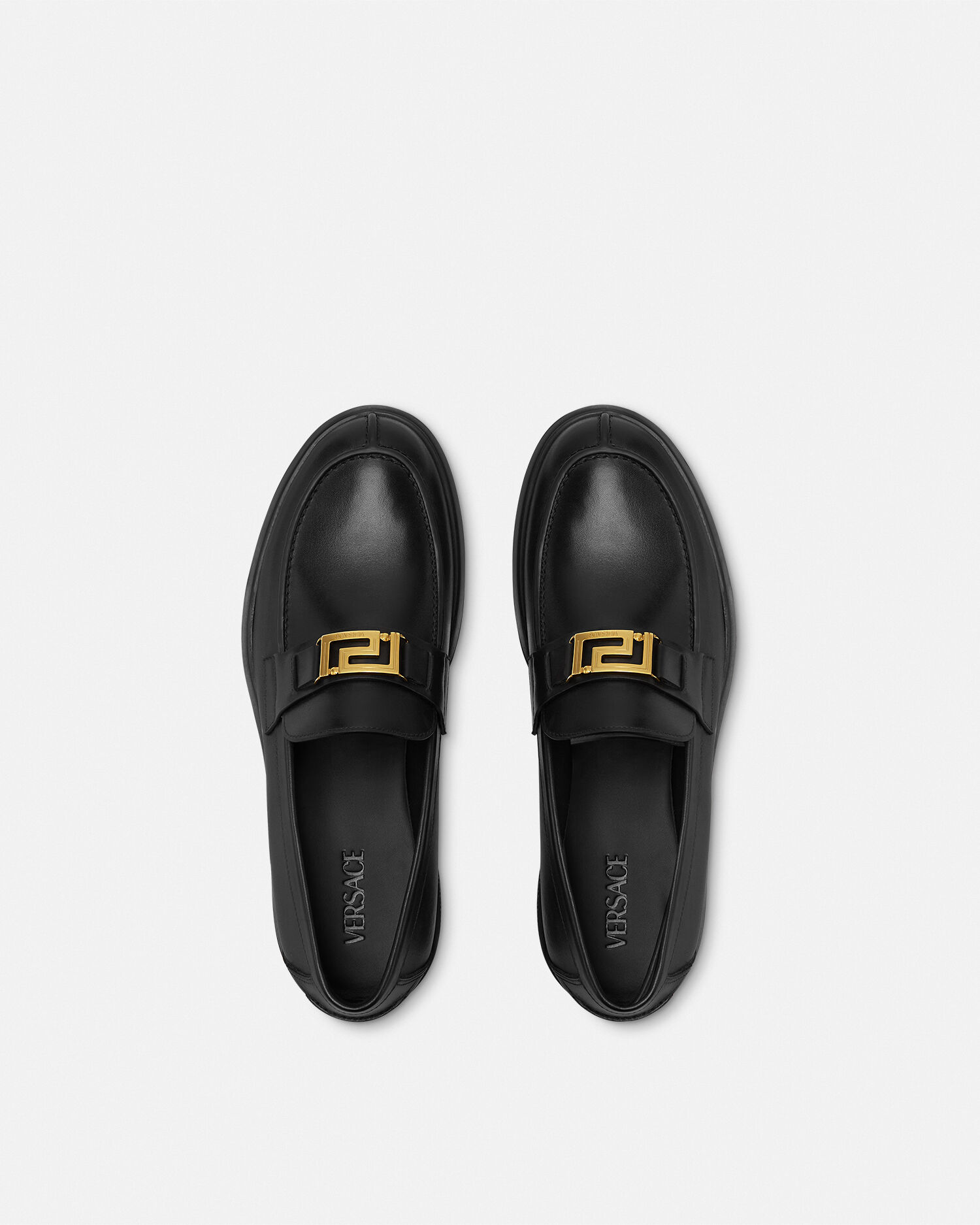 Greca Leather Loafers Black,Gold | VERSACE US