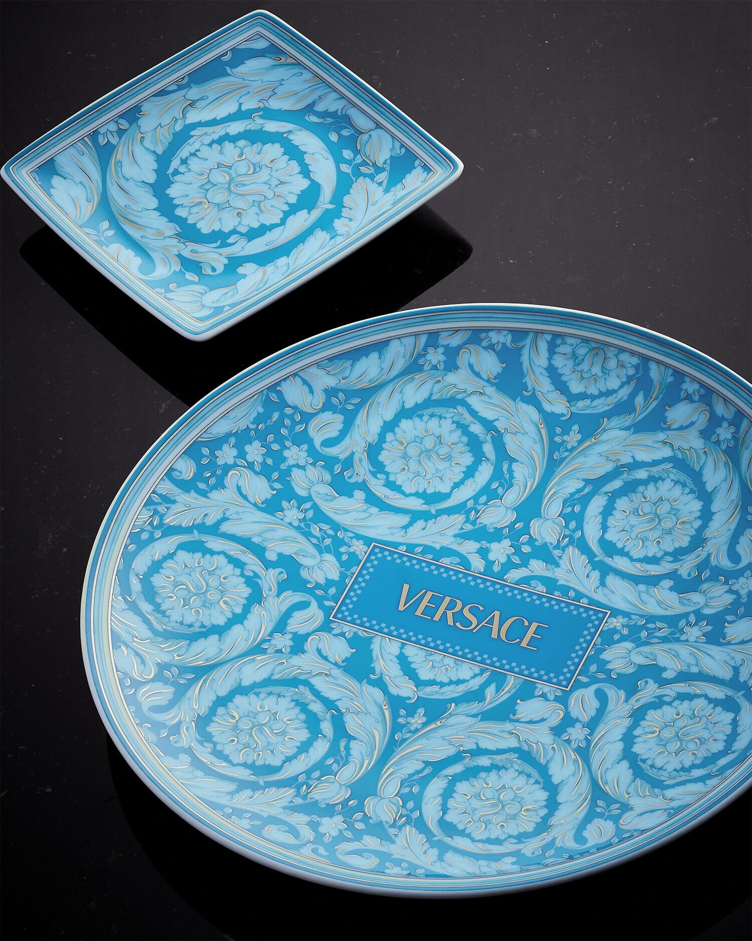 Barocco Teal Small Plate 17 cm Blue,Print | VERSACE US