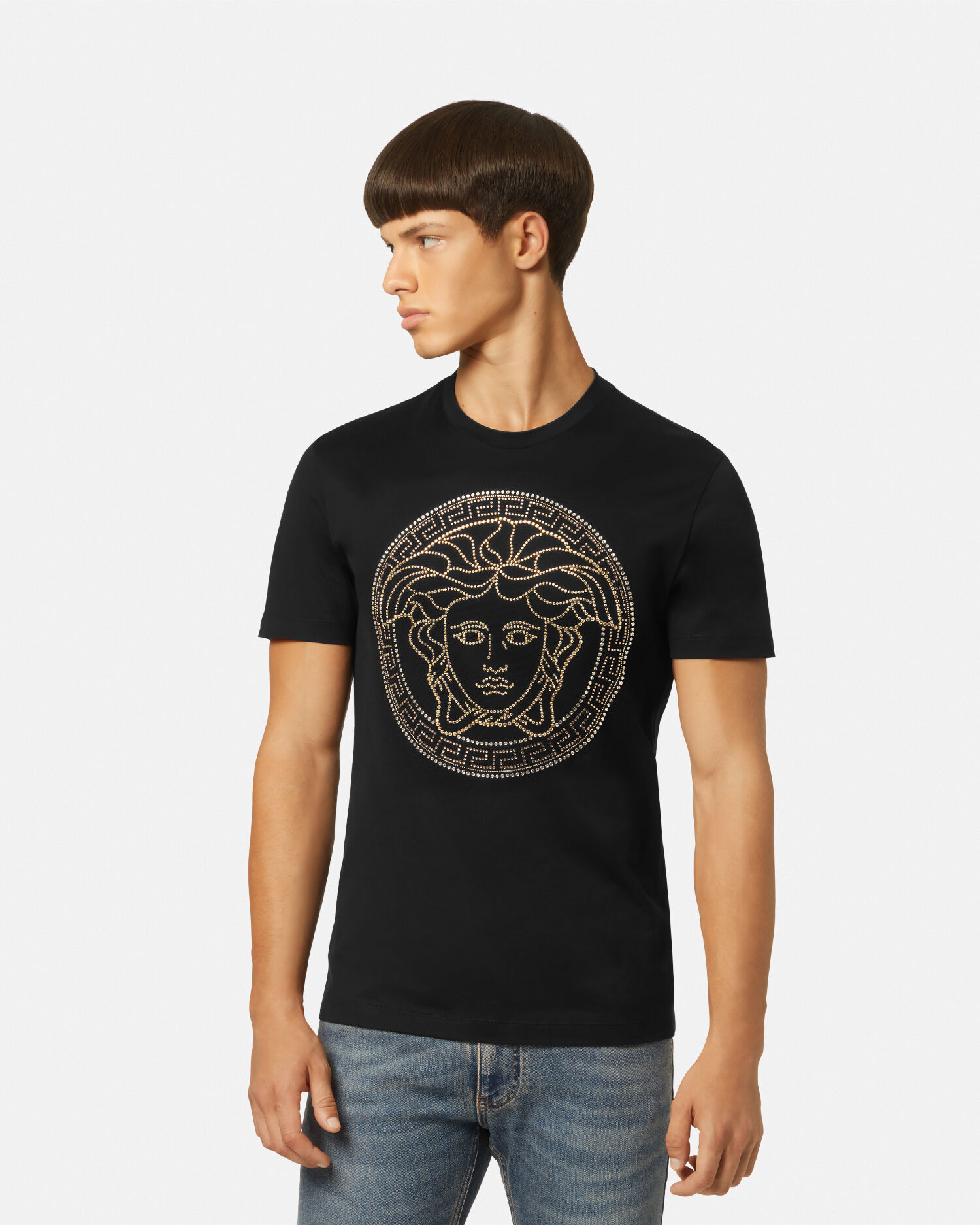 Embellished Cotton-Jersey T-Shirt Black | VERSACE US