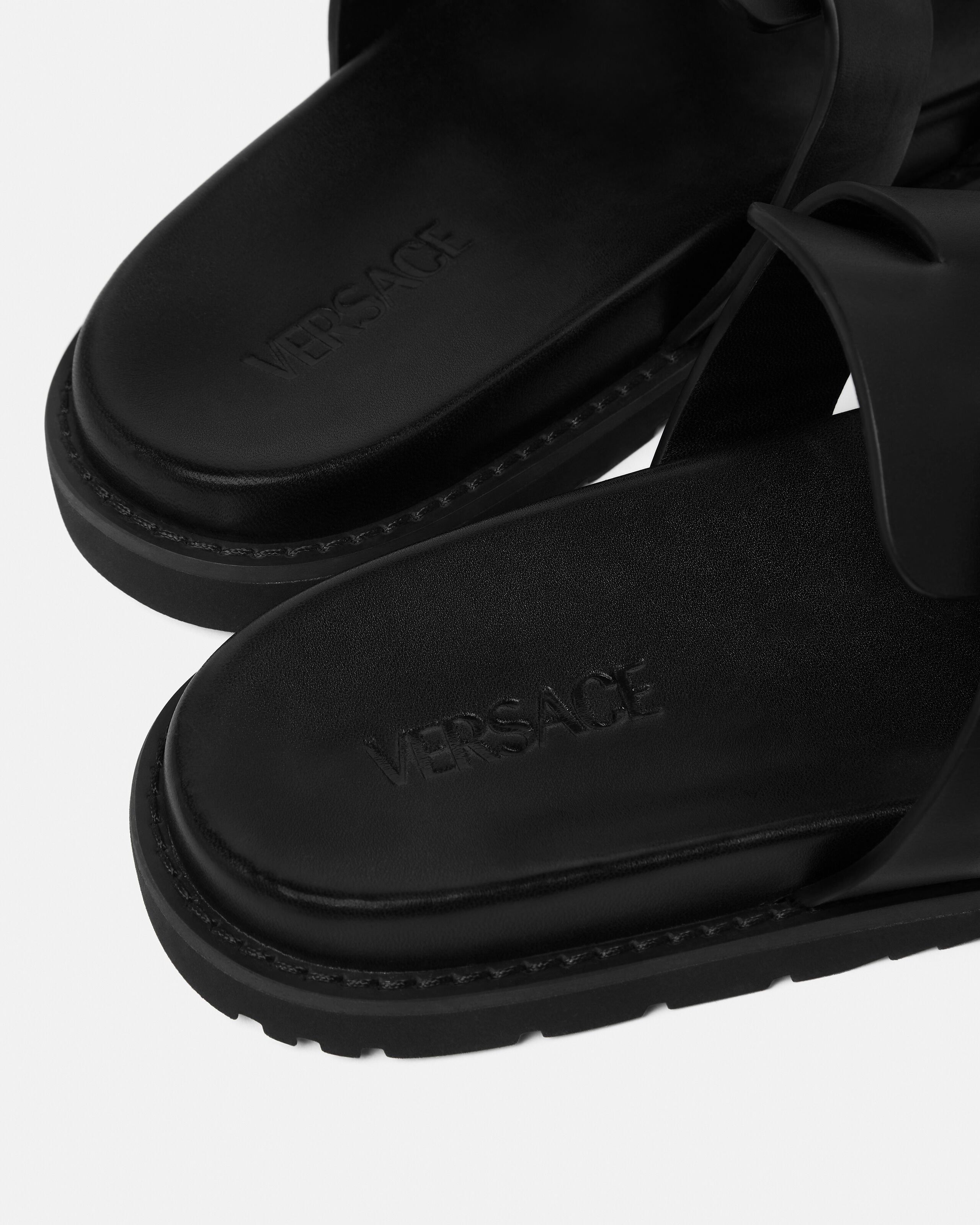 Leather Sandals Black,Gold | VERSACE US
