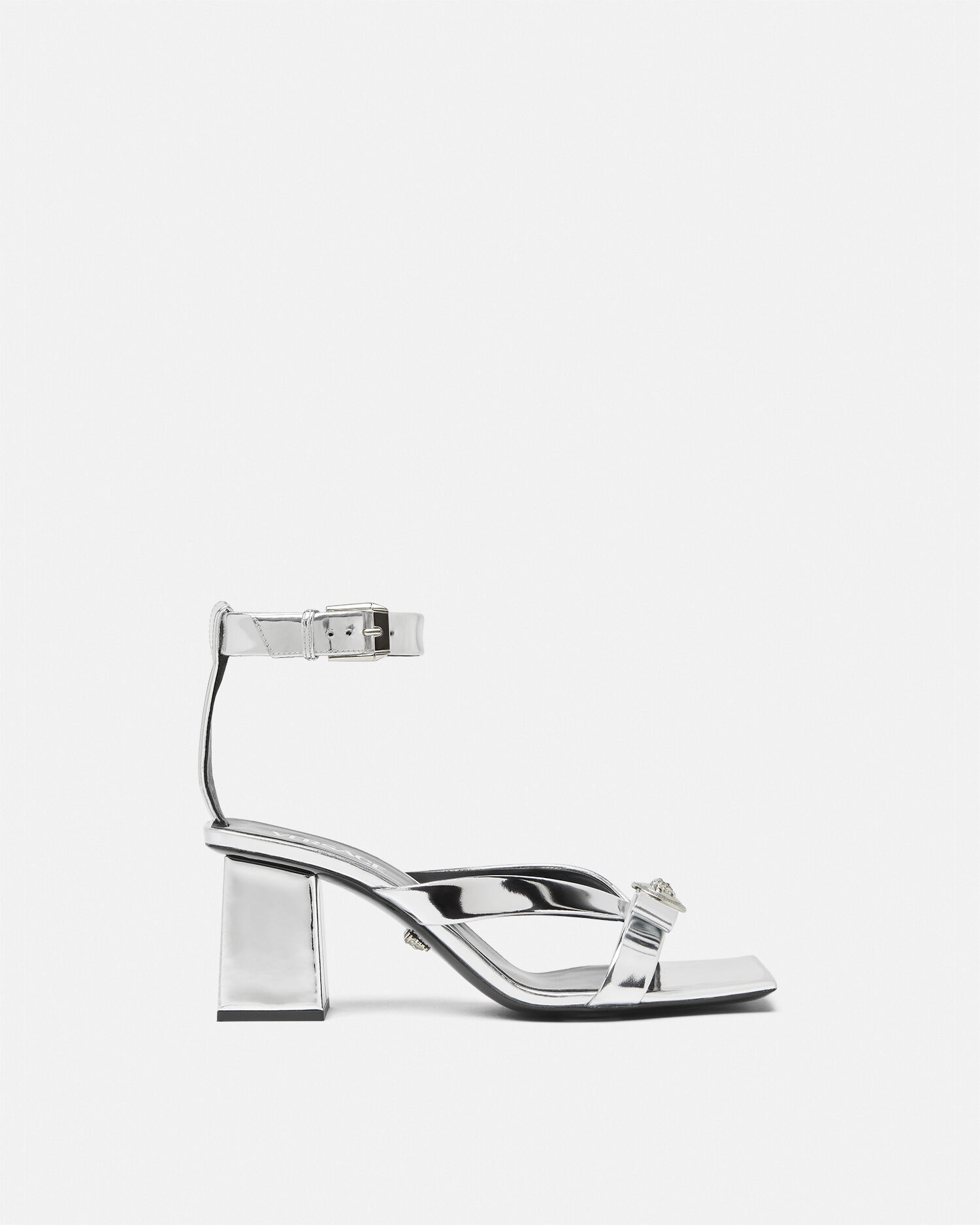 Gianni Ribbon Mid Metallic Sandals Silver Versace GB