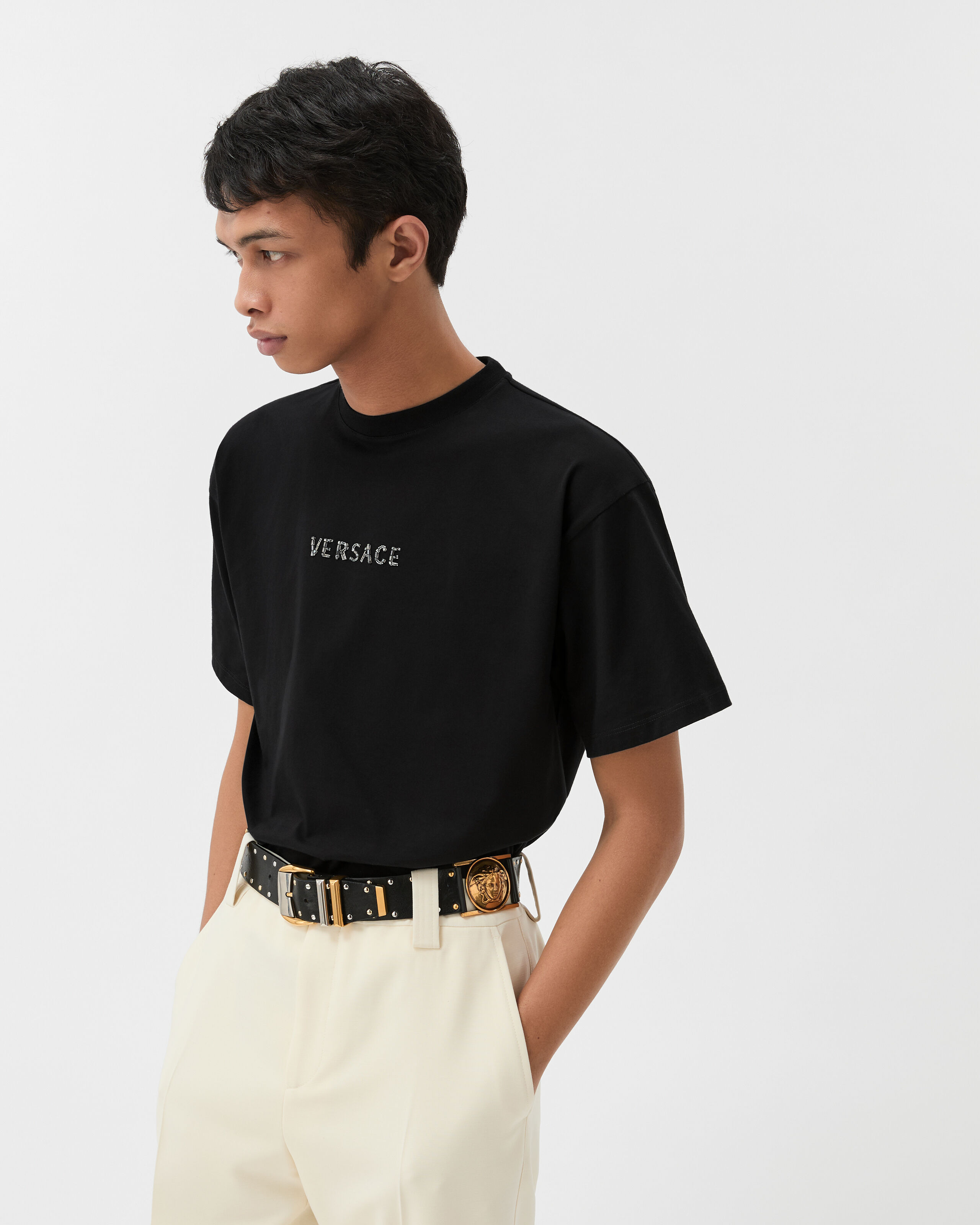 Embroidered-Logo Cotton-Jersey Regular T-shirt Black | VERSACE