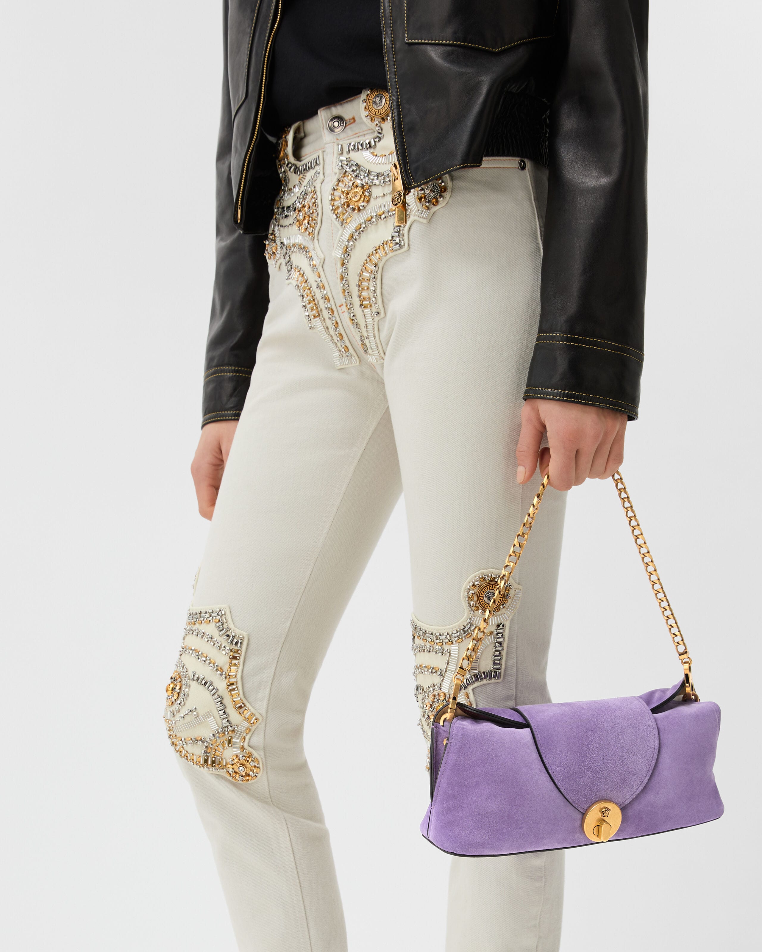 Vivian Suede Clutch Purple | VERSACE US