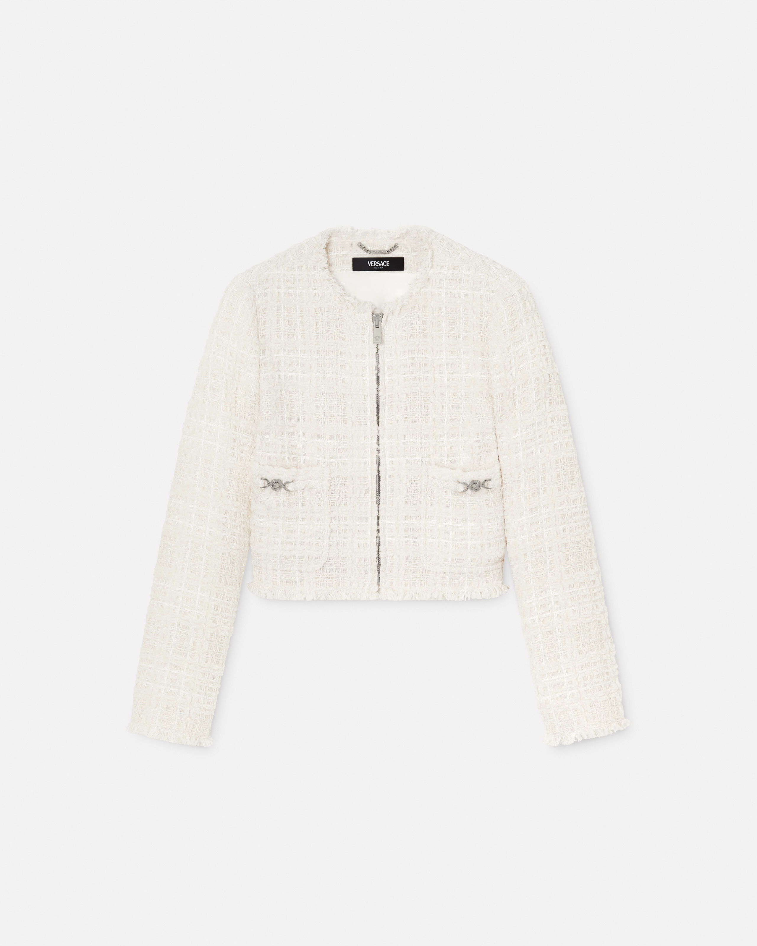 Tweed Cotton Zipped Jacket White | VERSACE