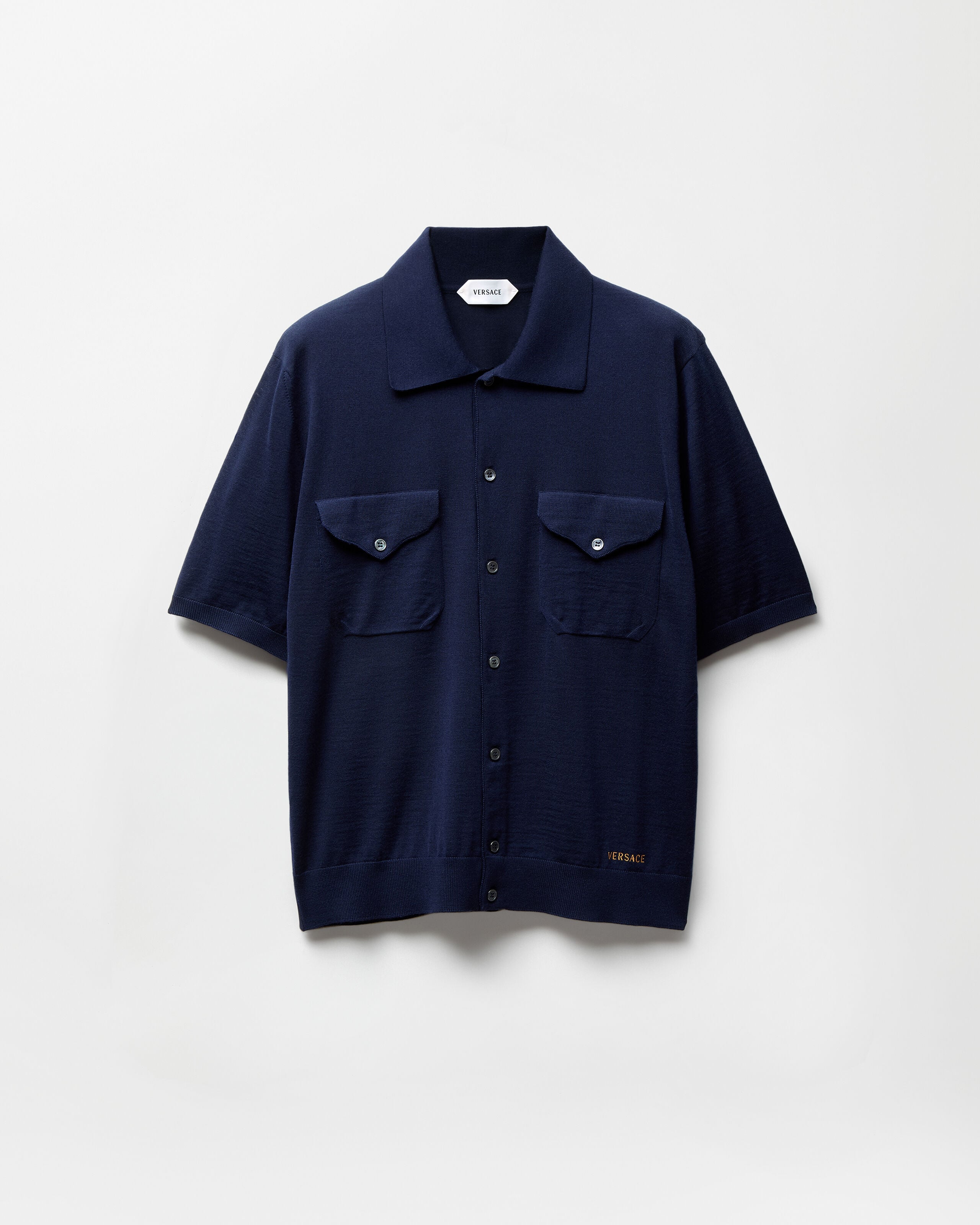 Embroidered Wool Knit Shirt Blue | VERSACE