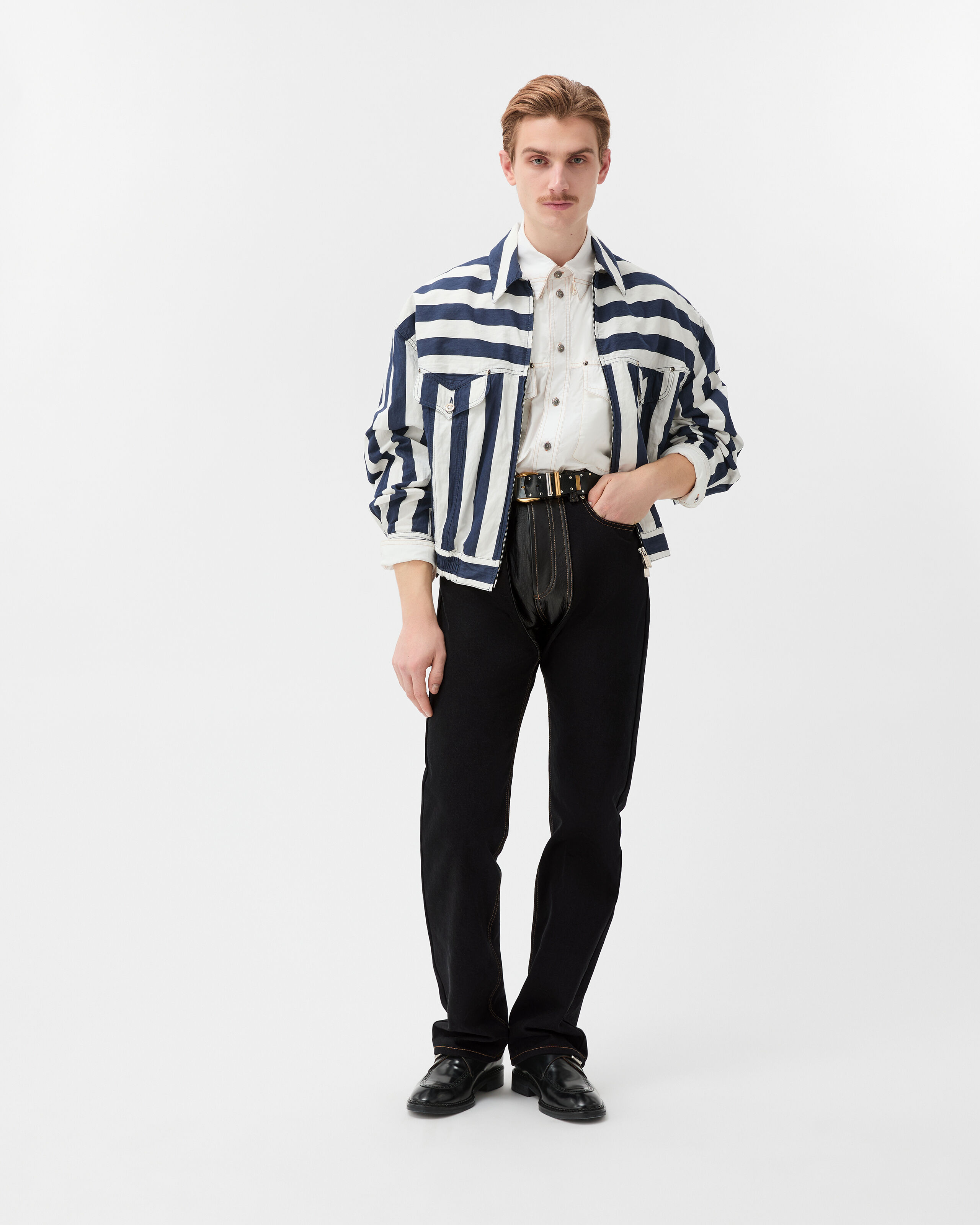 Denim & Leather Straight Jeans Black | VERSACE US