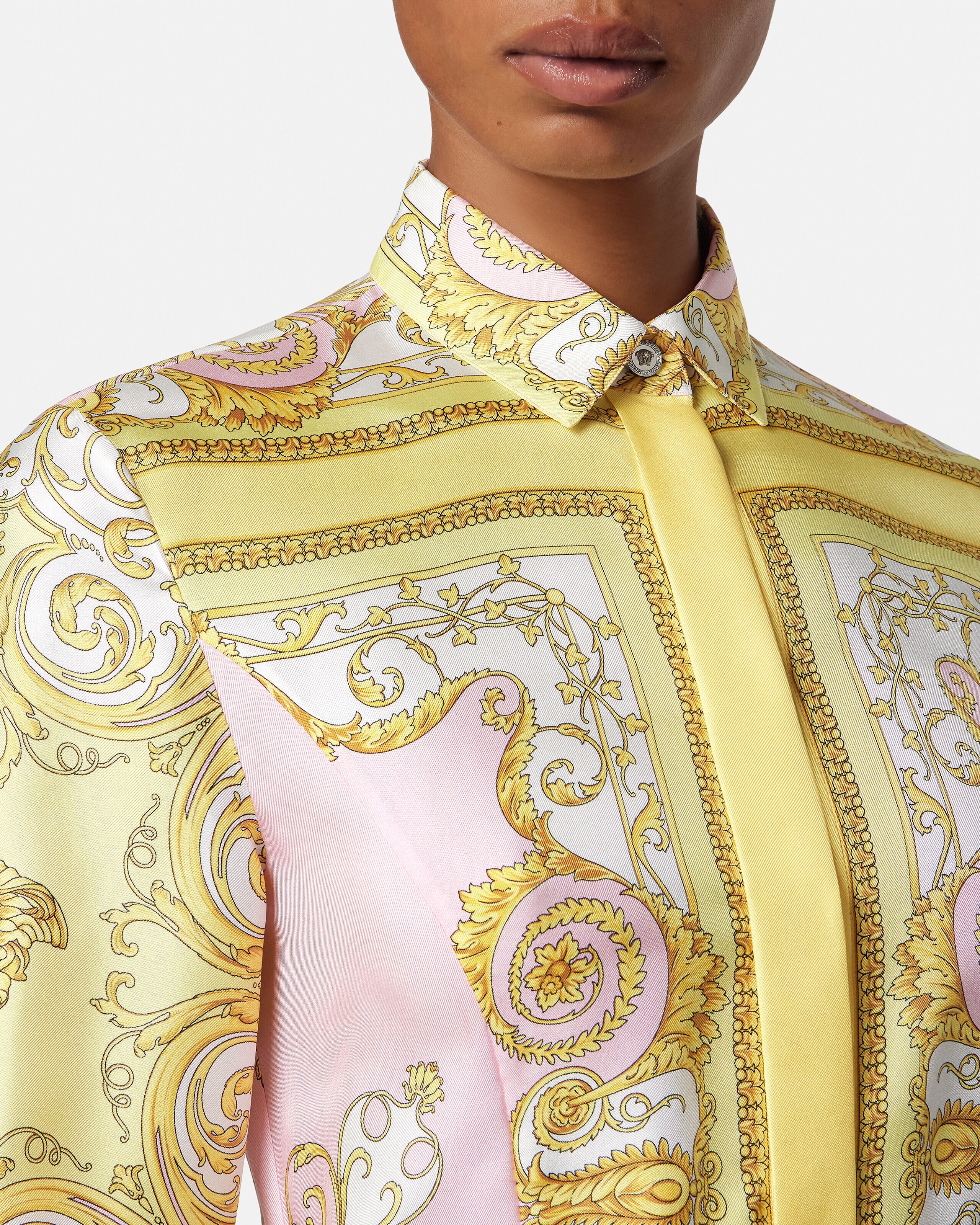 Printed Silk Twill Mini Shirt Dress Yellow,Pink | VERSACE US