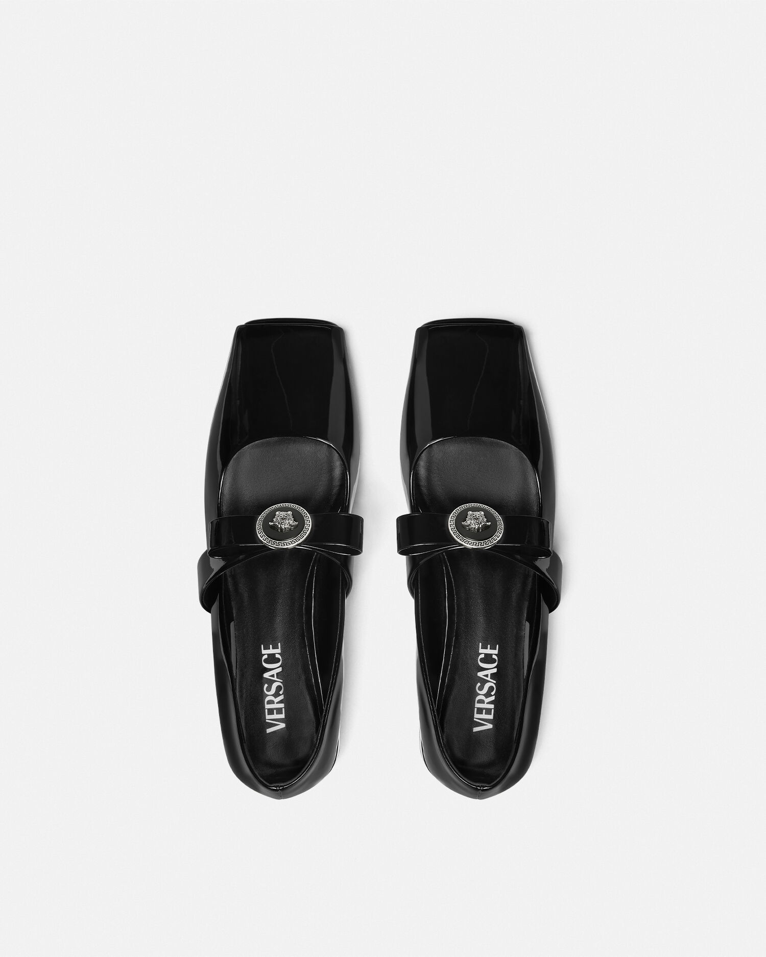 Gianni Ribbon Open Patent Ballerinas Black VERSACE