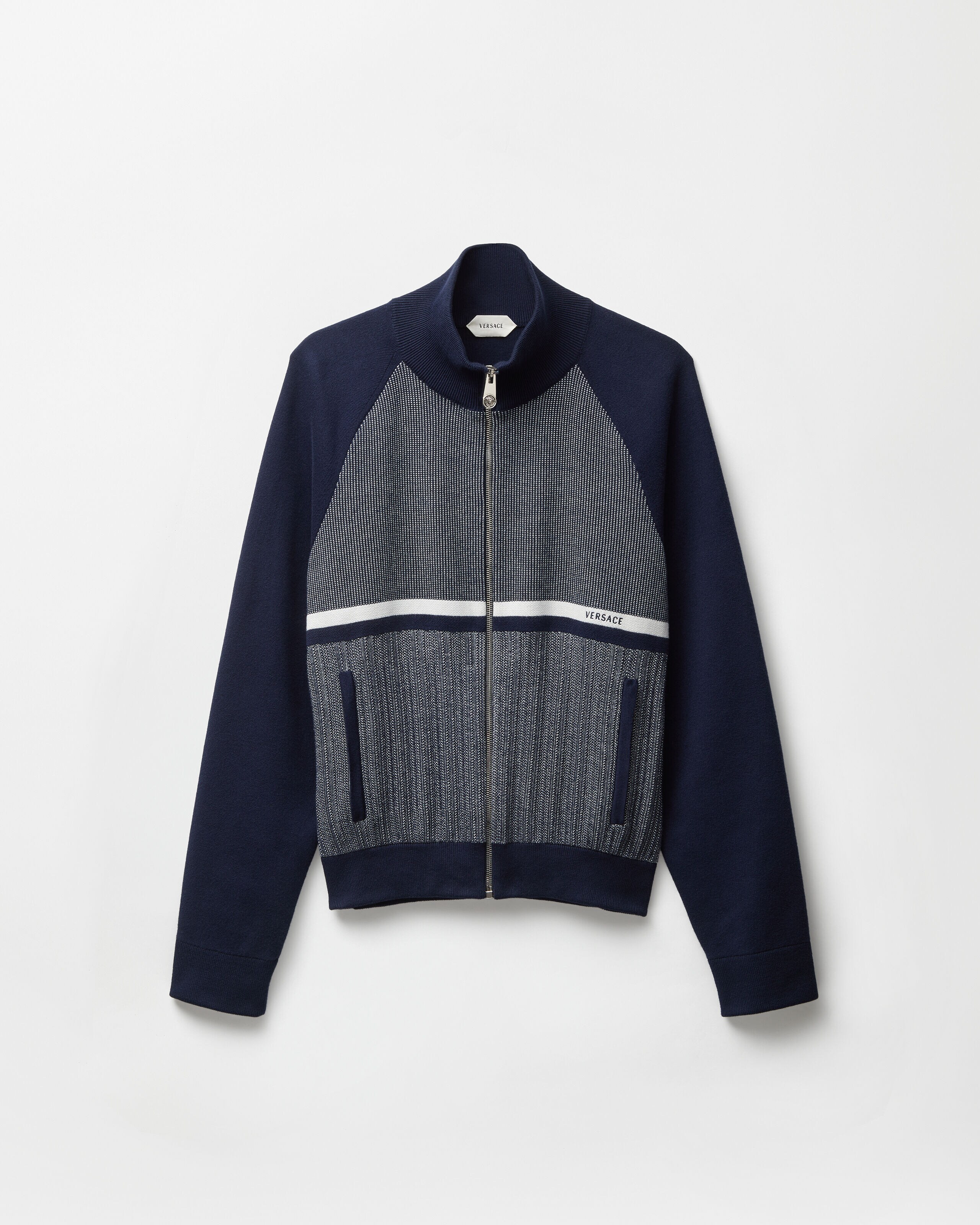 トップス VERSACE JEANS zip up knit jacket Embroidered Jacquard Cotton Knit Zip Sweater Blue | VERSACE