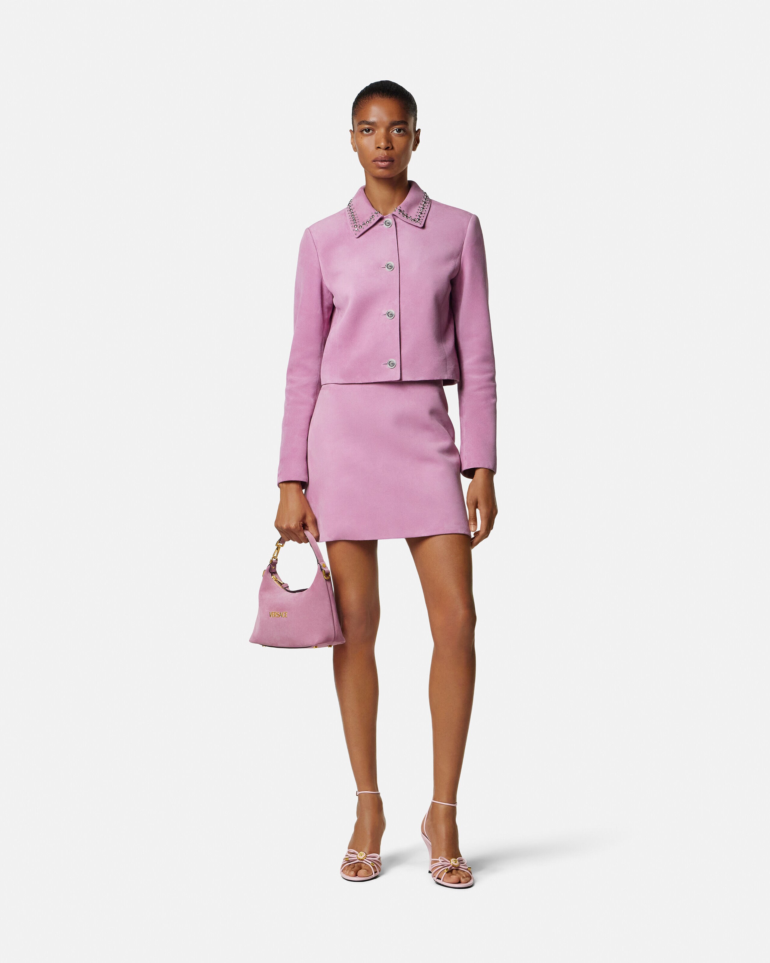 Versace Tag Suede Hobo Bag Pink,Gold | VERSACE US