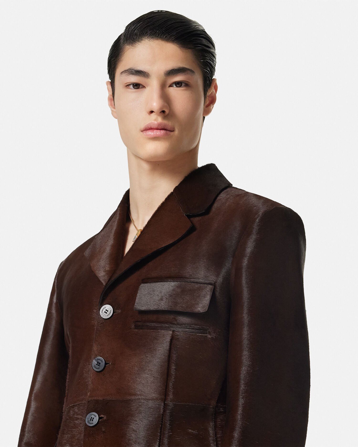 Pony Effect Leather Jacket Brown VERSACE IN