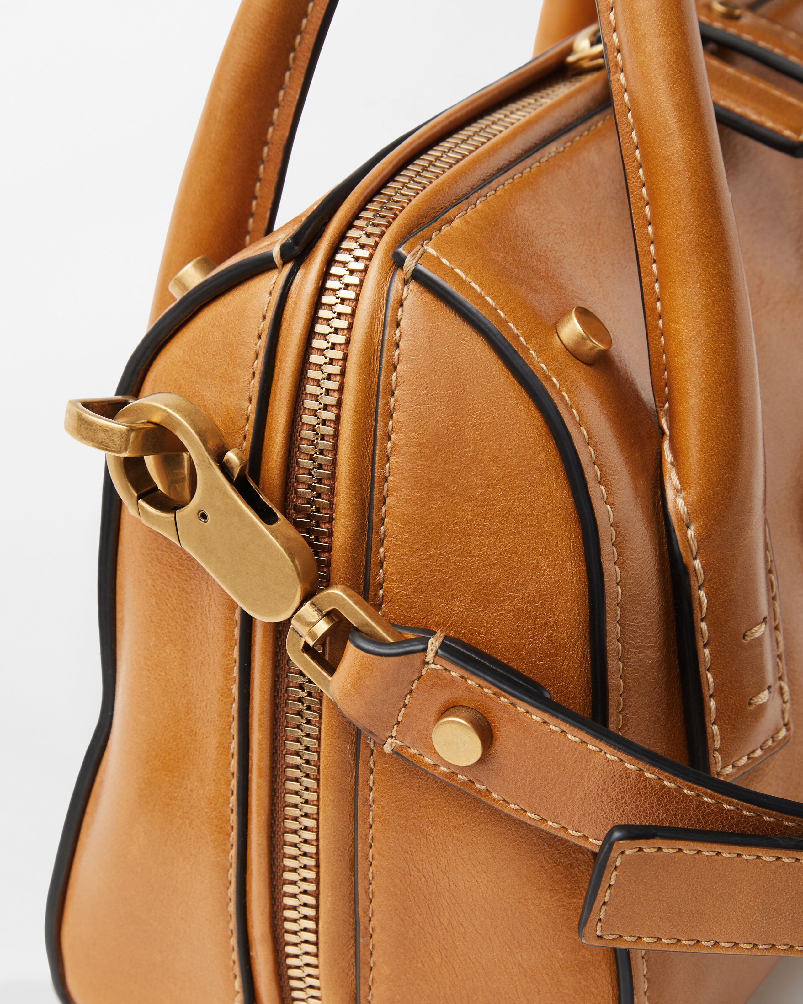 Roomy Small Leather Boston Bag Brown | VERSACE US