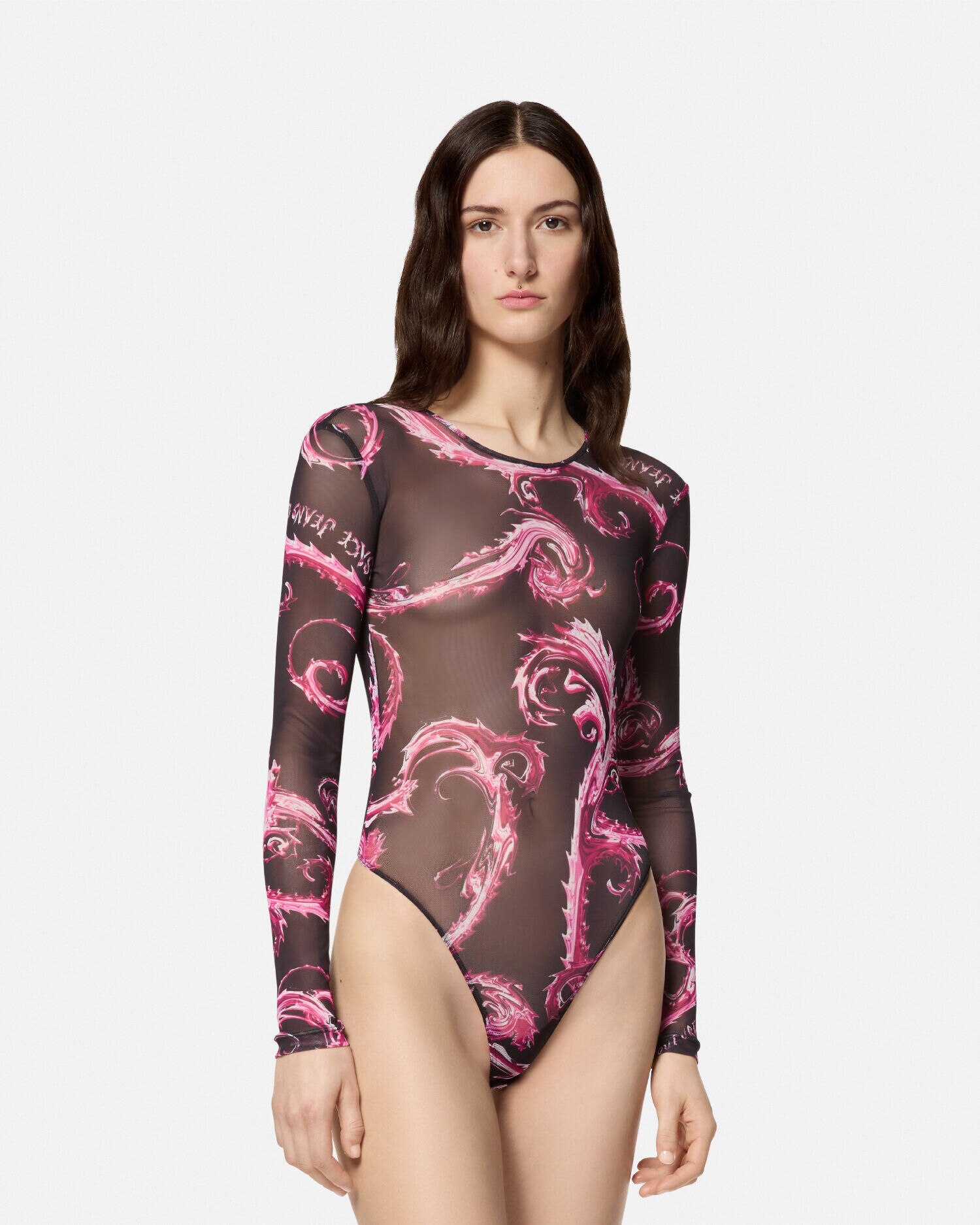 Chromo Couture Mesh Bodysuit Black Pink VERSACE UK