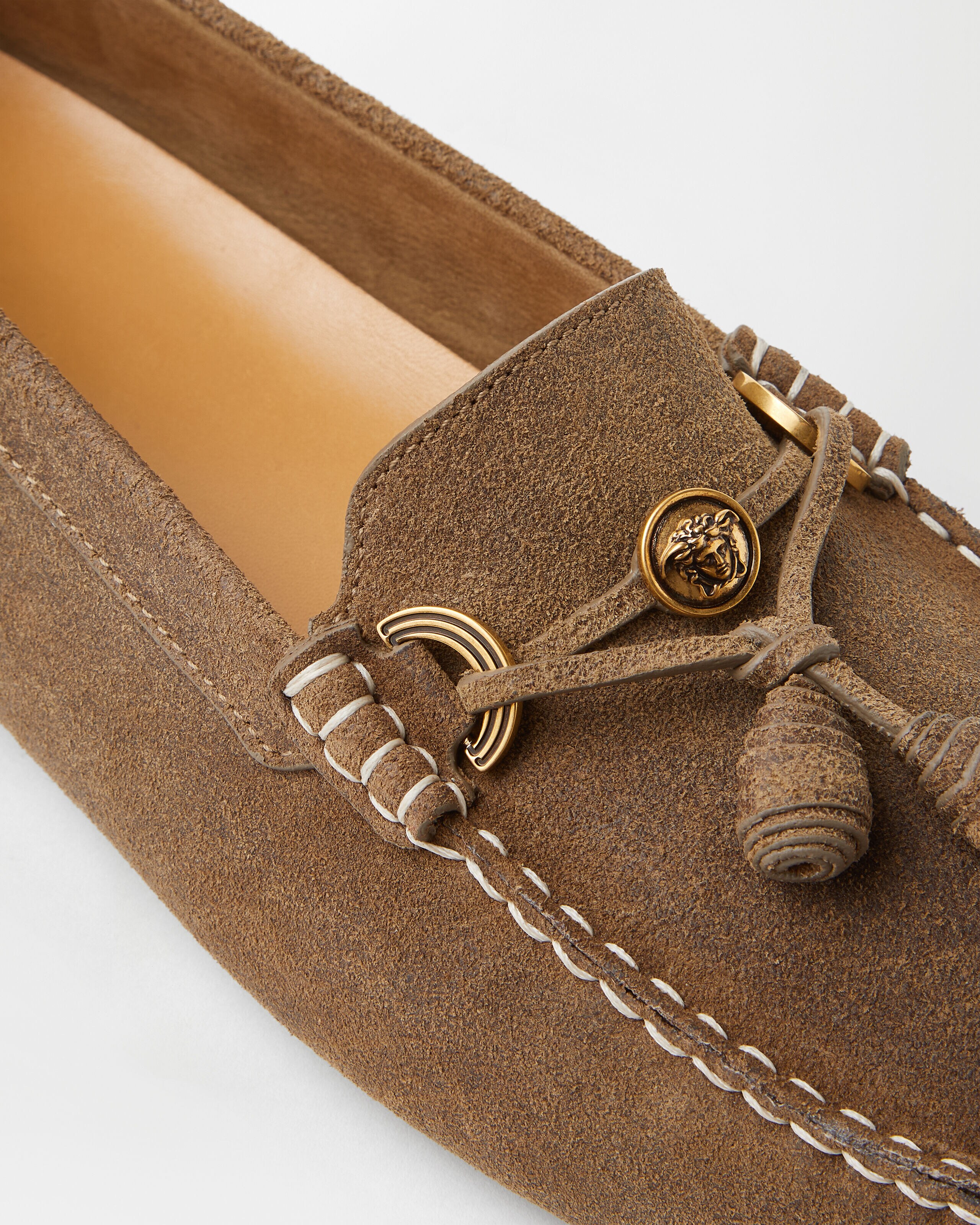 Robin Suede Driver Shoes Brown | VERSACE US