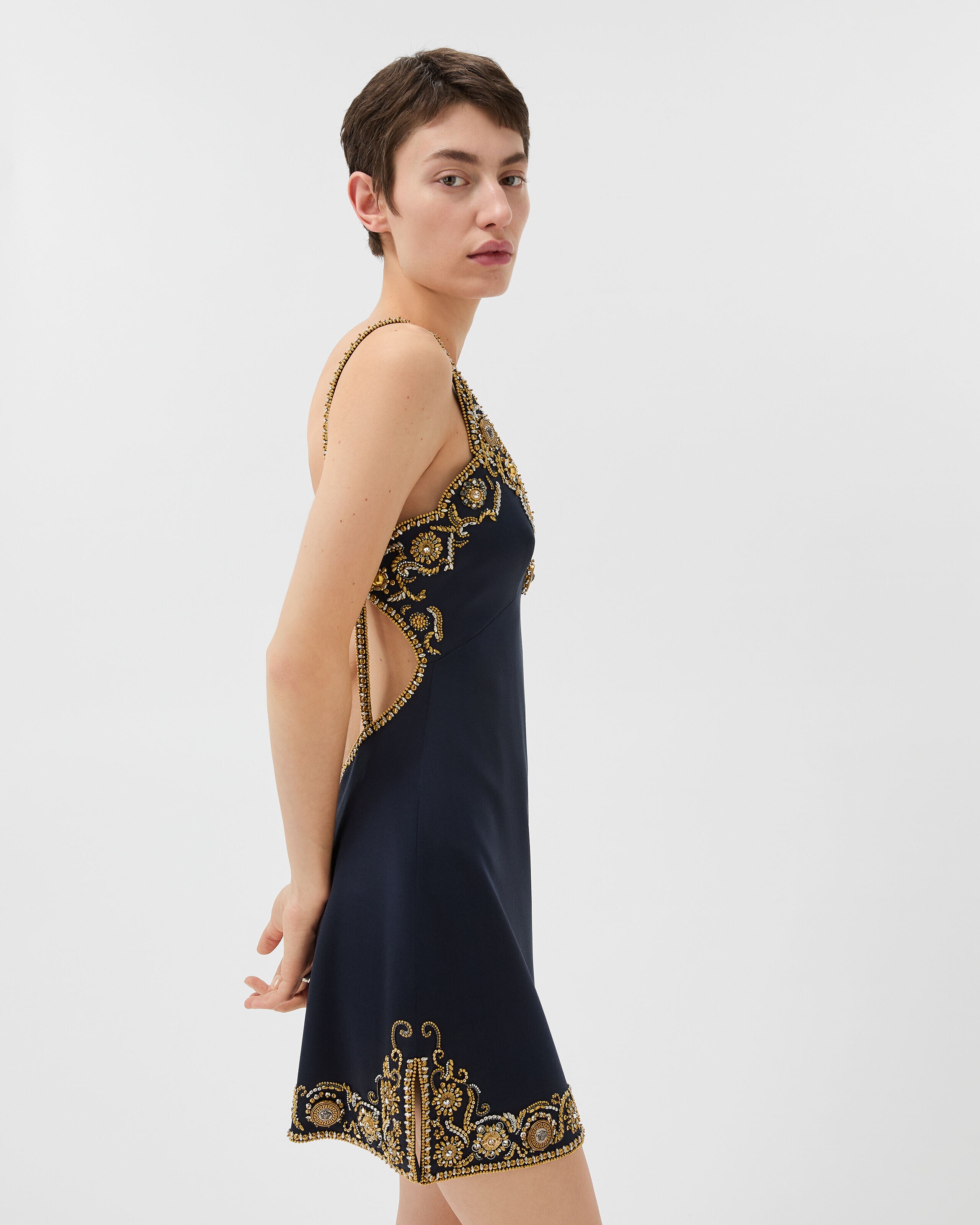 Embroidered Silk Cady Satin Mini Dress Blue | VERSACE US