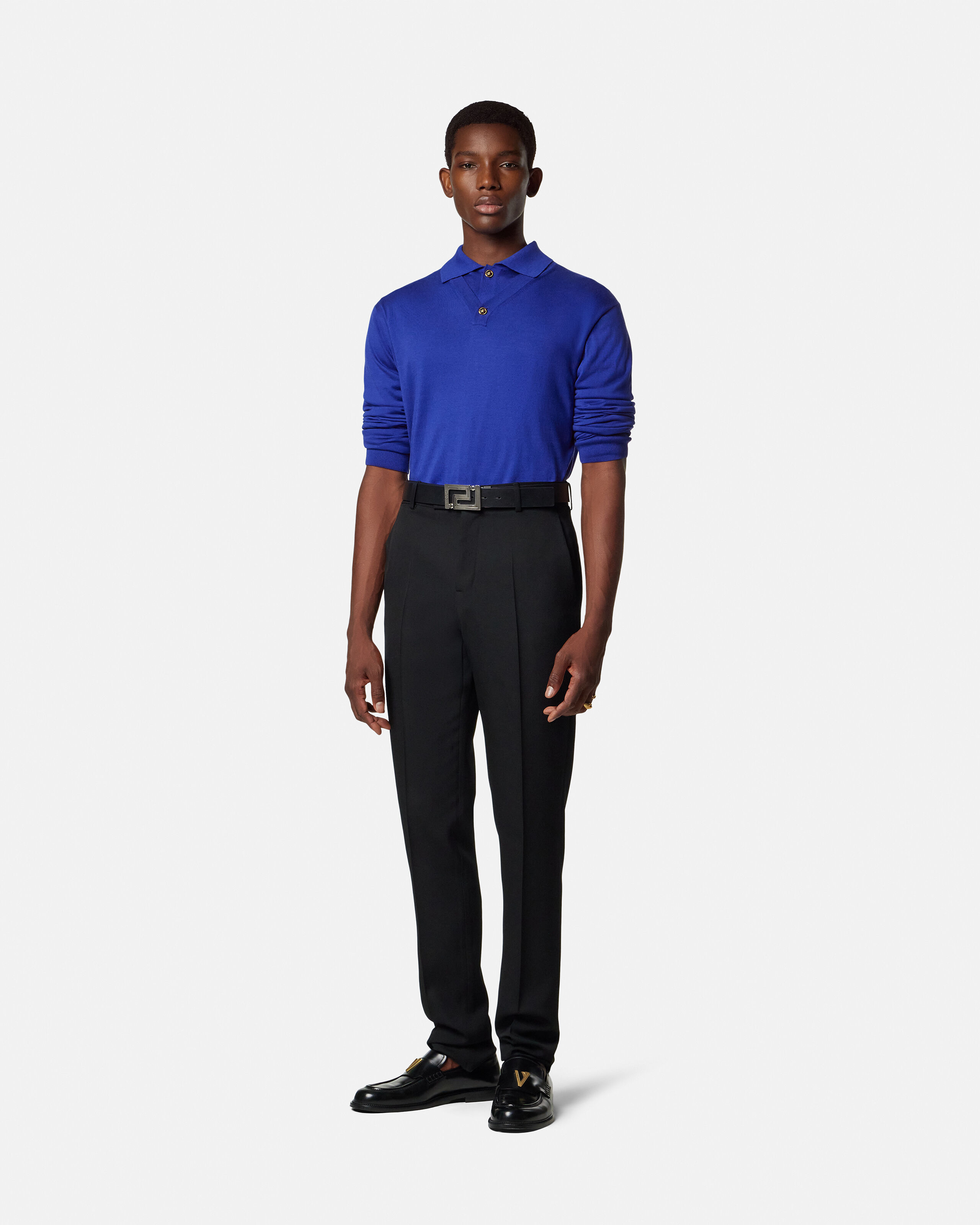 Silk-Cotton Knit V-Neck Sweater Blue | VERSACE US
