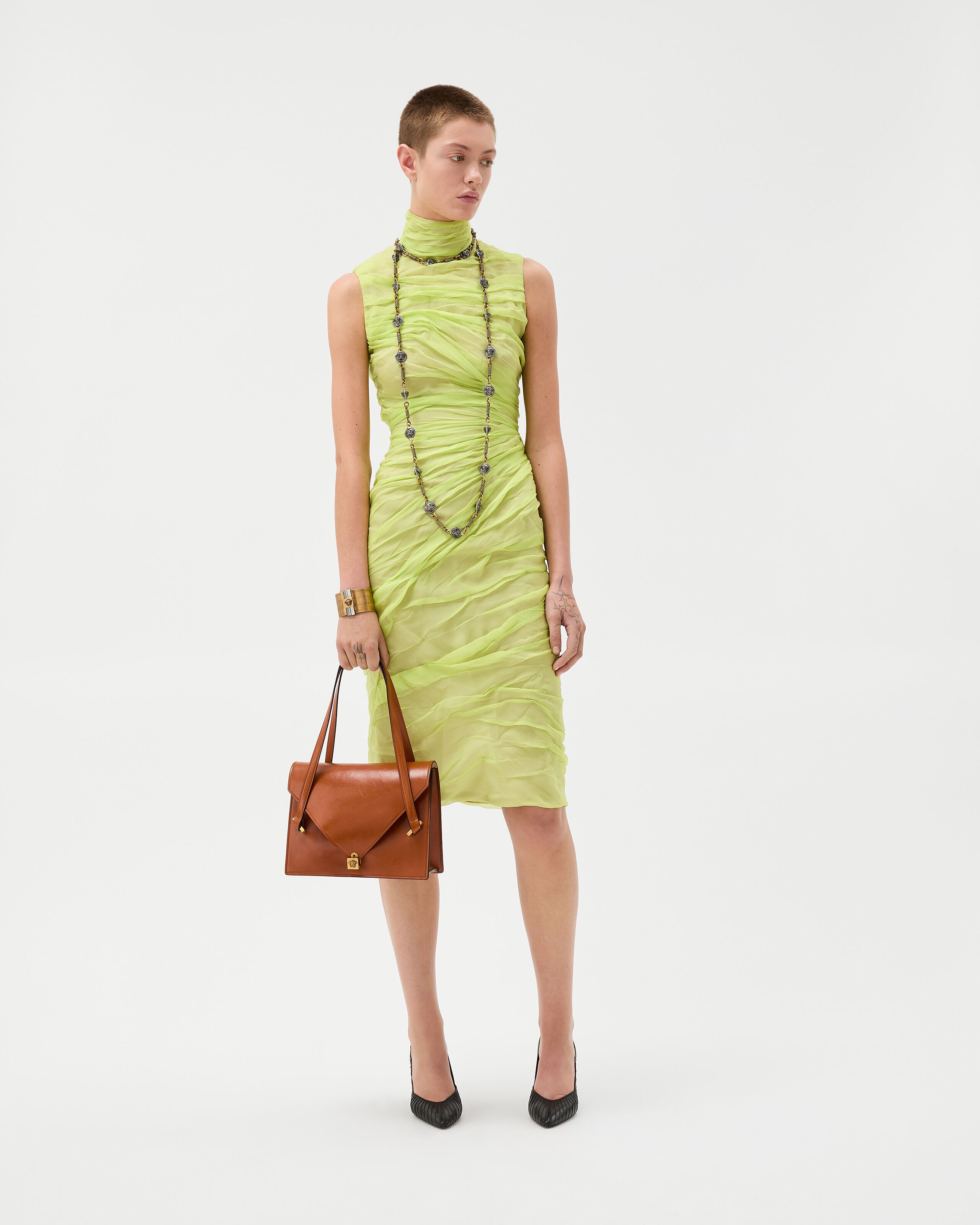 Silk-Chiffon Draped Midi Dress Green | VERSACE US