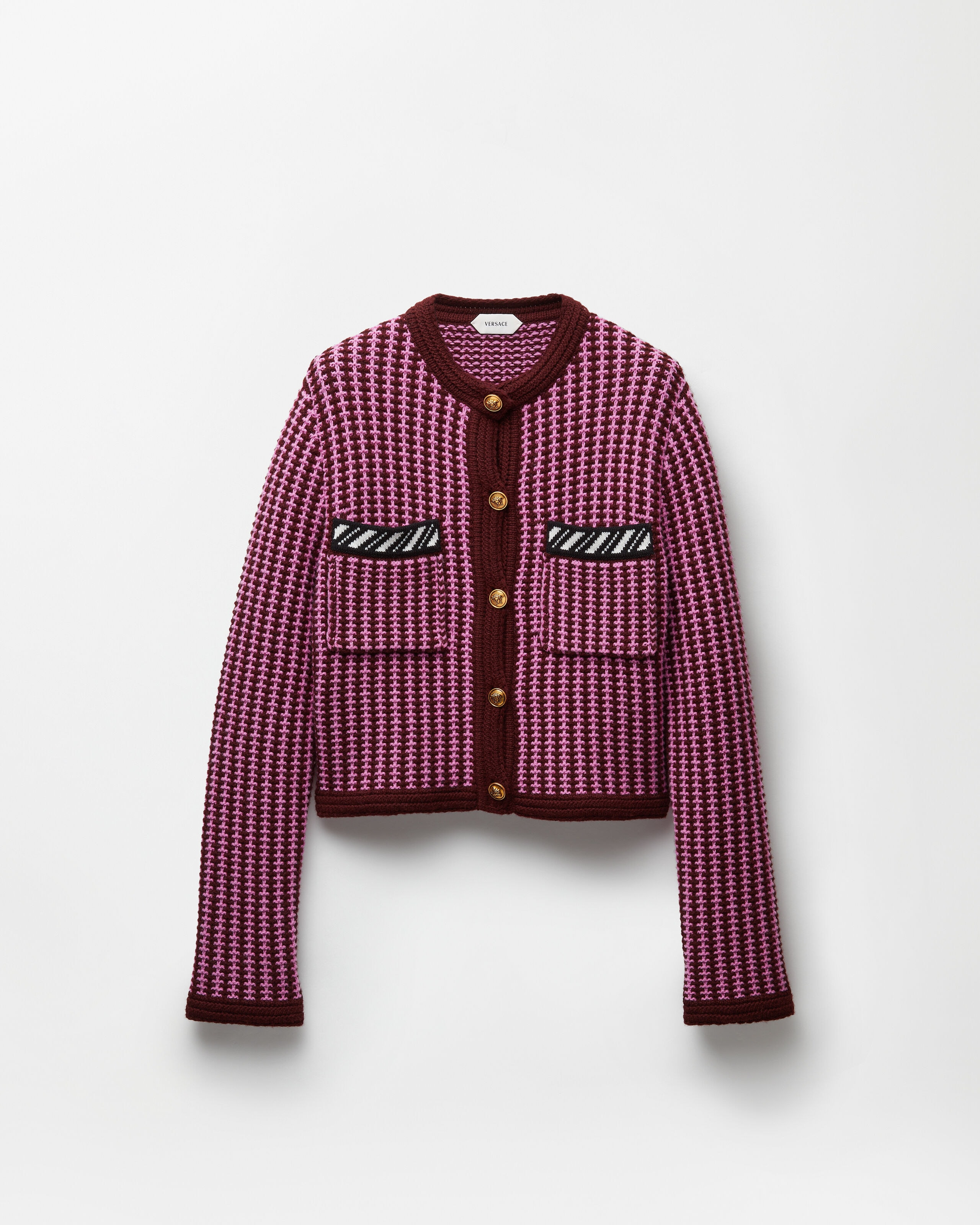 Wool Crochet-Stitch Knit Cardigan Pink | VERSACE