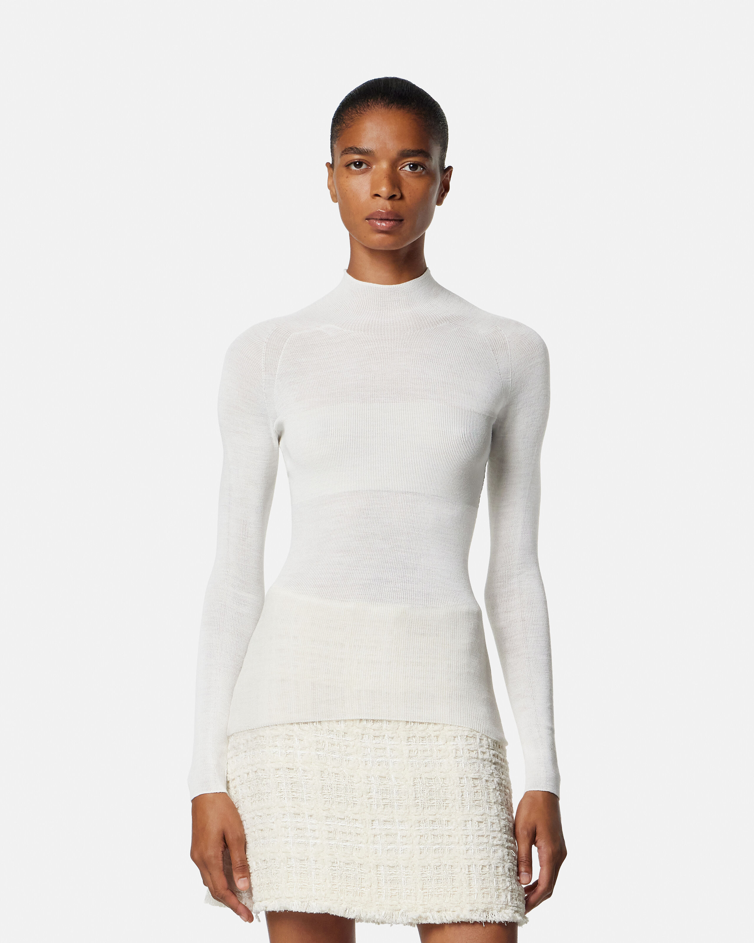 Merino Wool Fitted Ribbed Knit Top White | VERSACE IN
