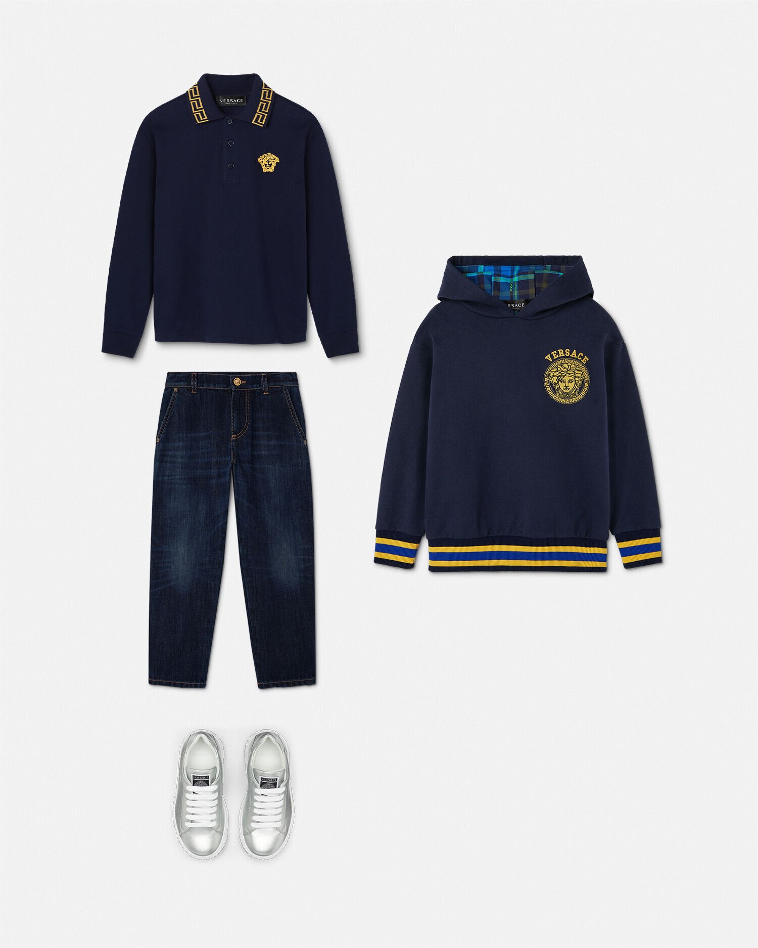 Embroidered Greca Kids Polo Shirt Blue,Gold | VERSACE US Embroidered Greca Kids Polo Shirt Blue,Gold | VERSACE US