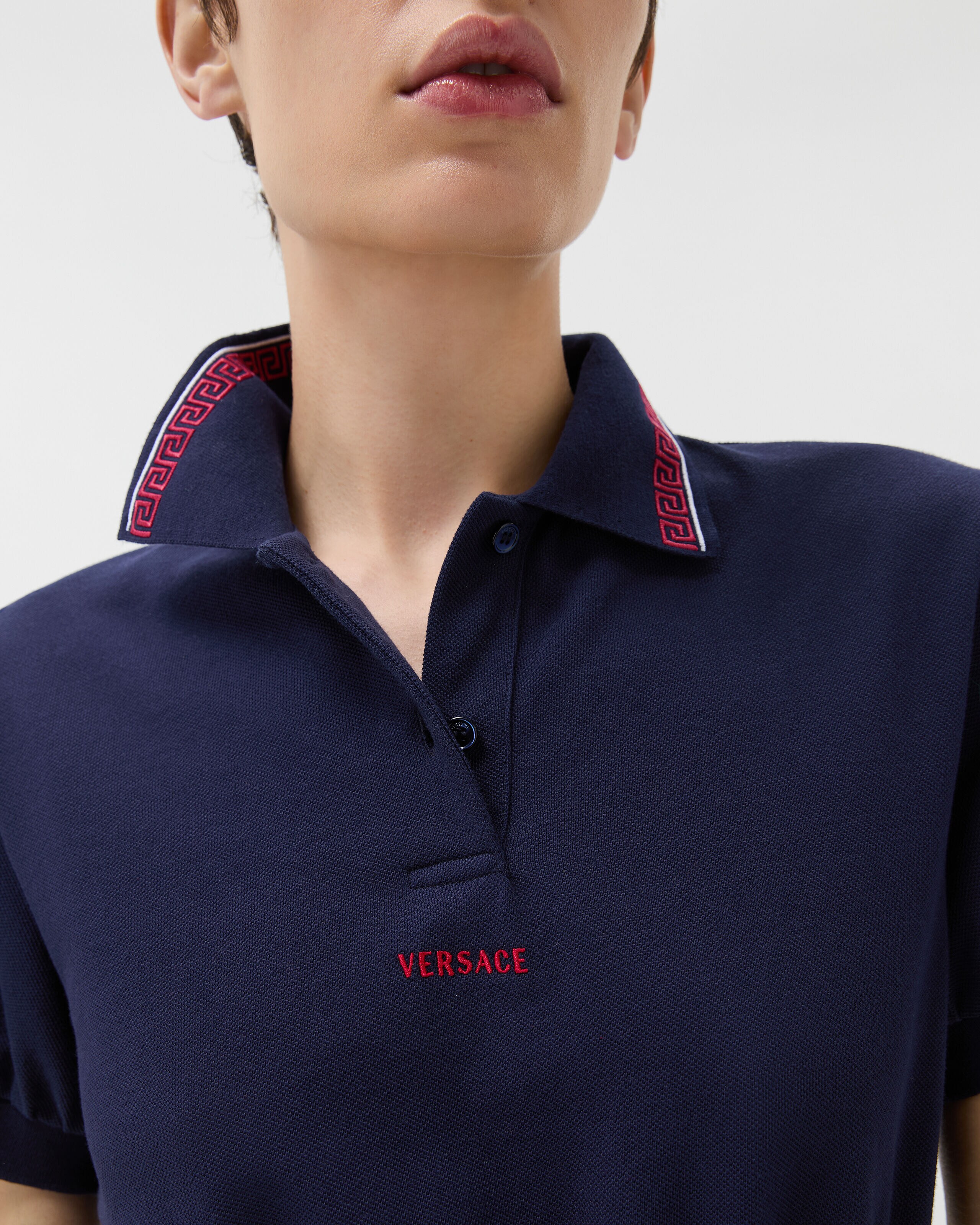 Embroidered-Logo Cotton Piqué Polo Mini Dress Blue | VERSACE US