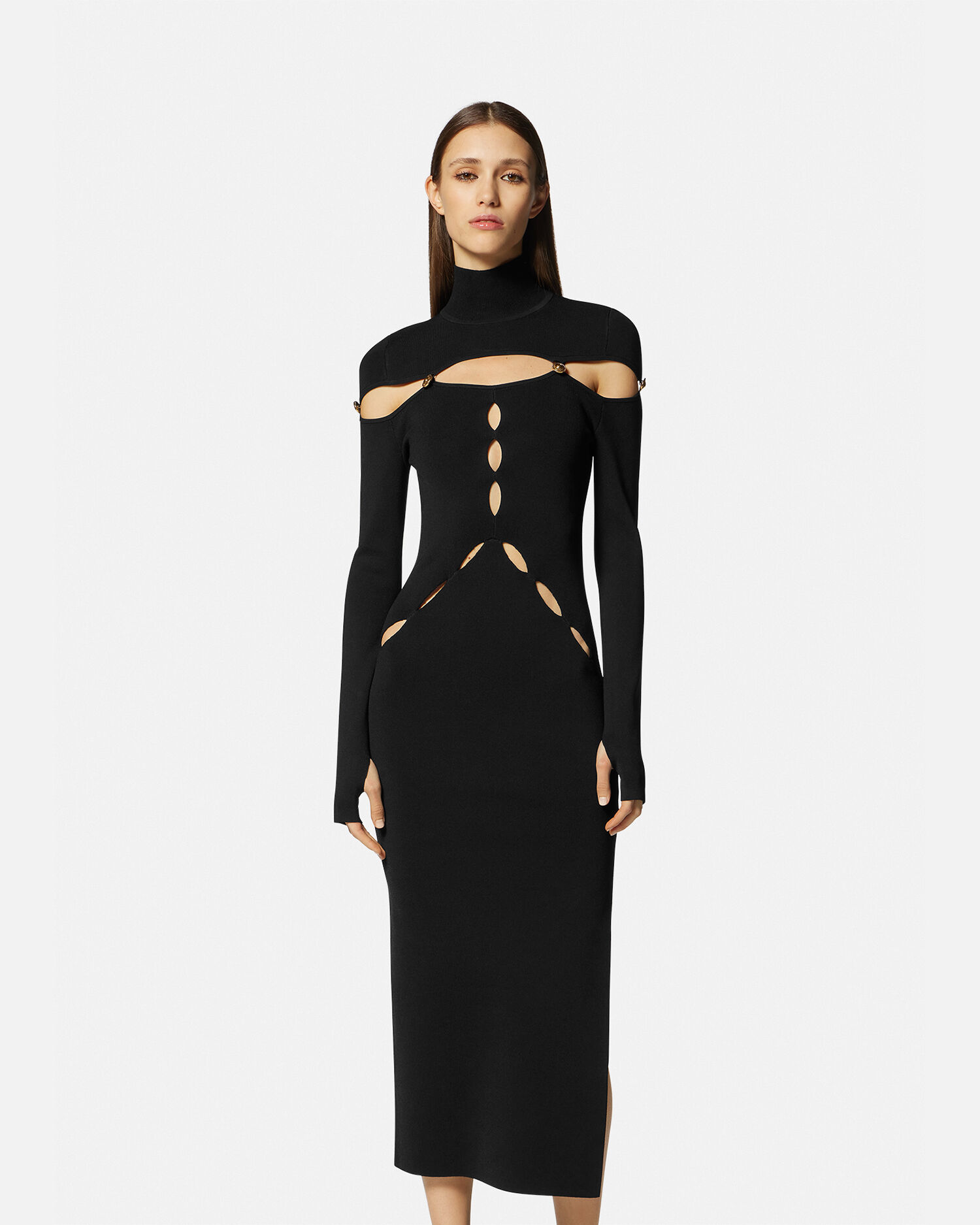 Vestido midi aberturas y cuello alto