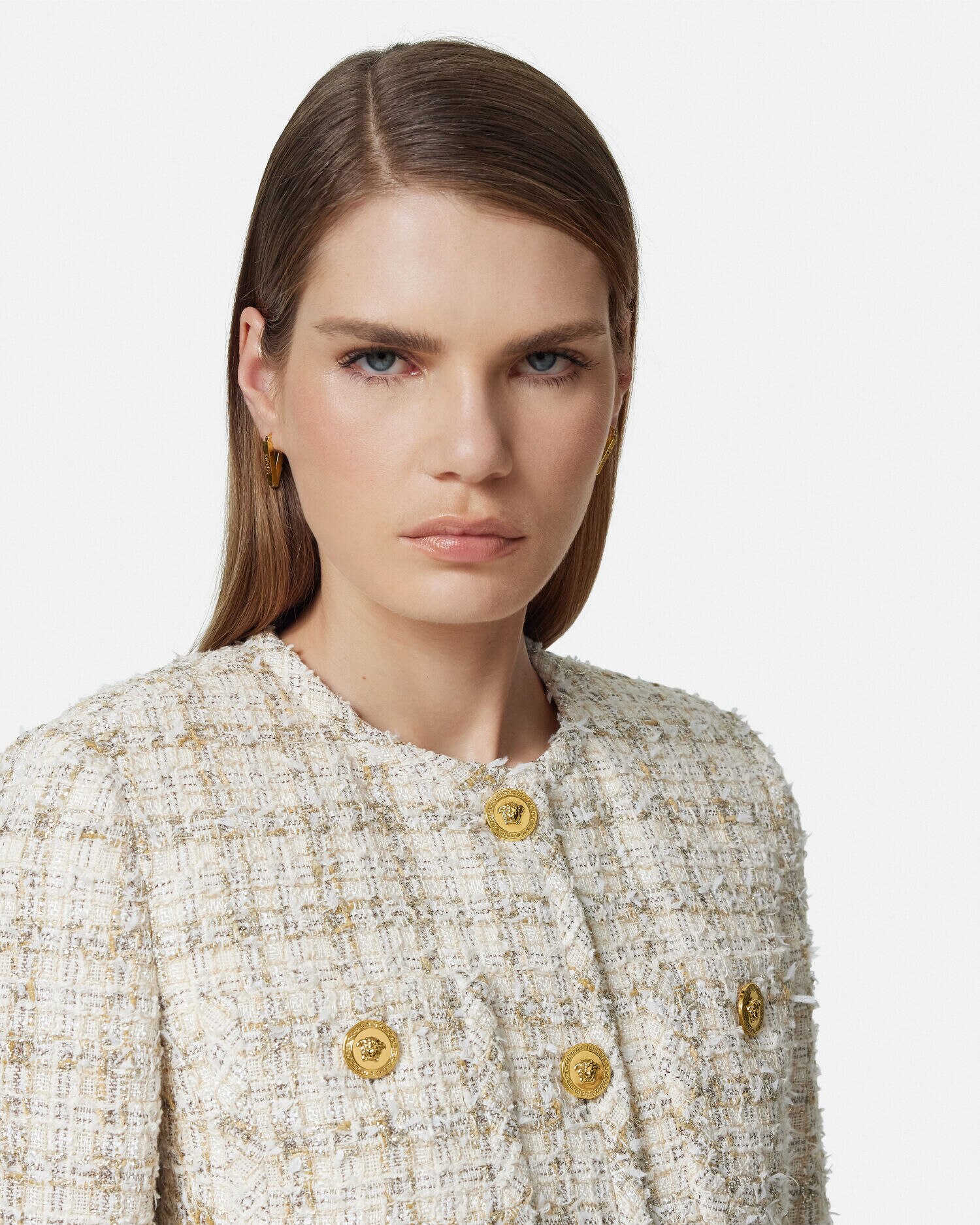 卸し売り購入 Tweed Cardigan US VERSACE | White,Gold Jacket トップス