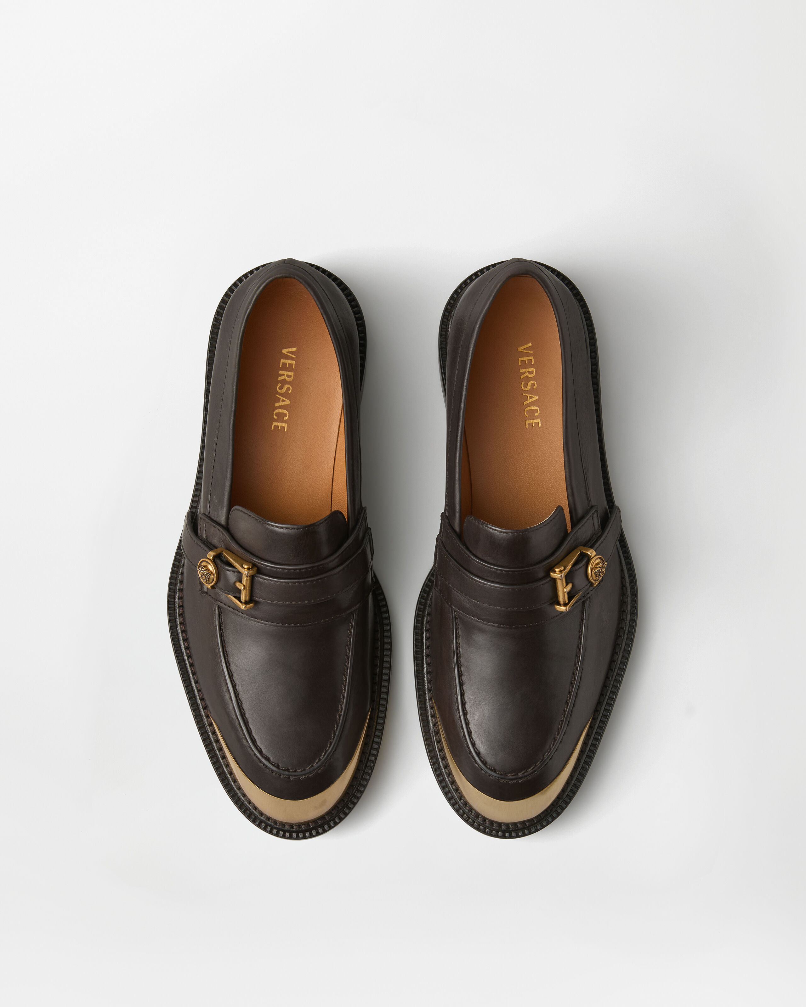 Primo Leather Loafers Brown,Gold | VERSACE US