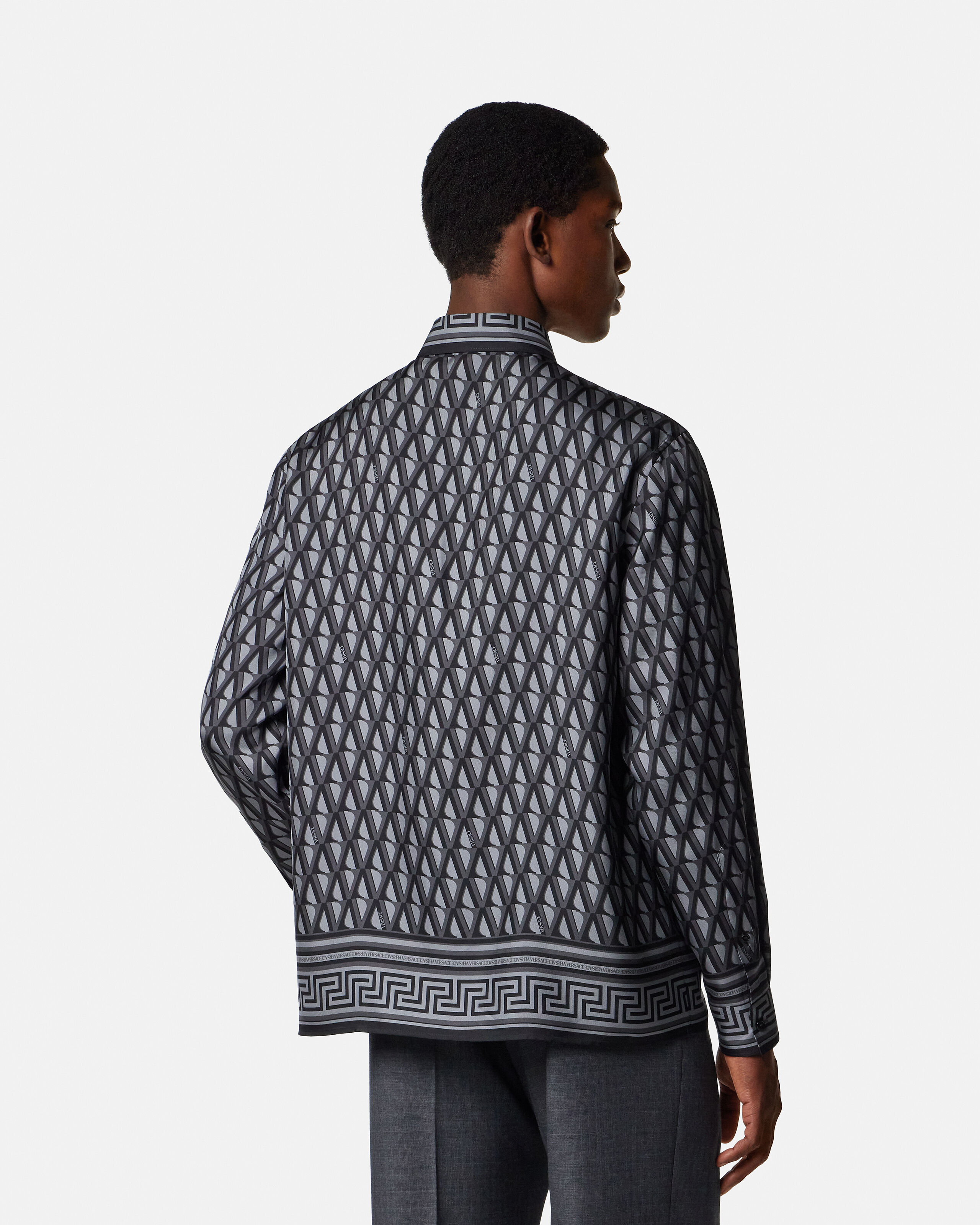 Printed Silk Twill Regular Shirt Black,Gray | VERSACE US