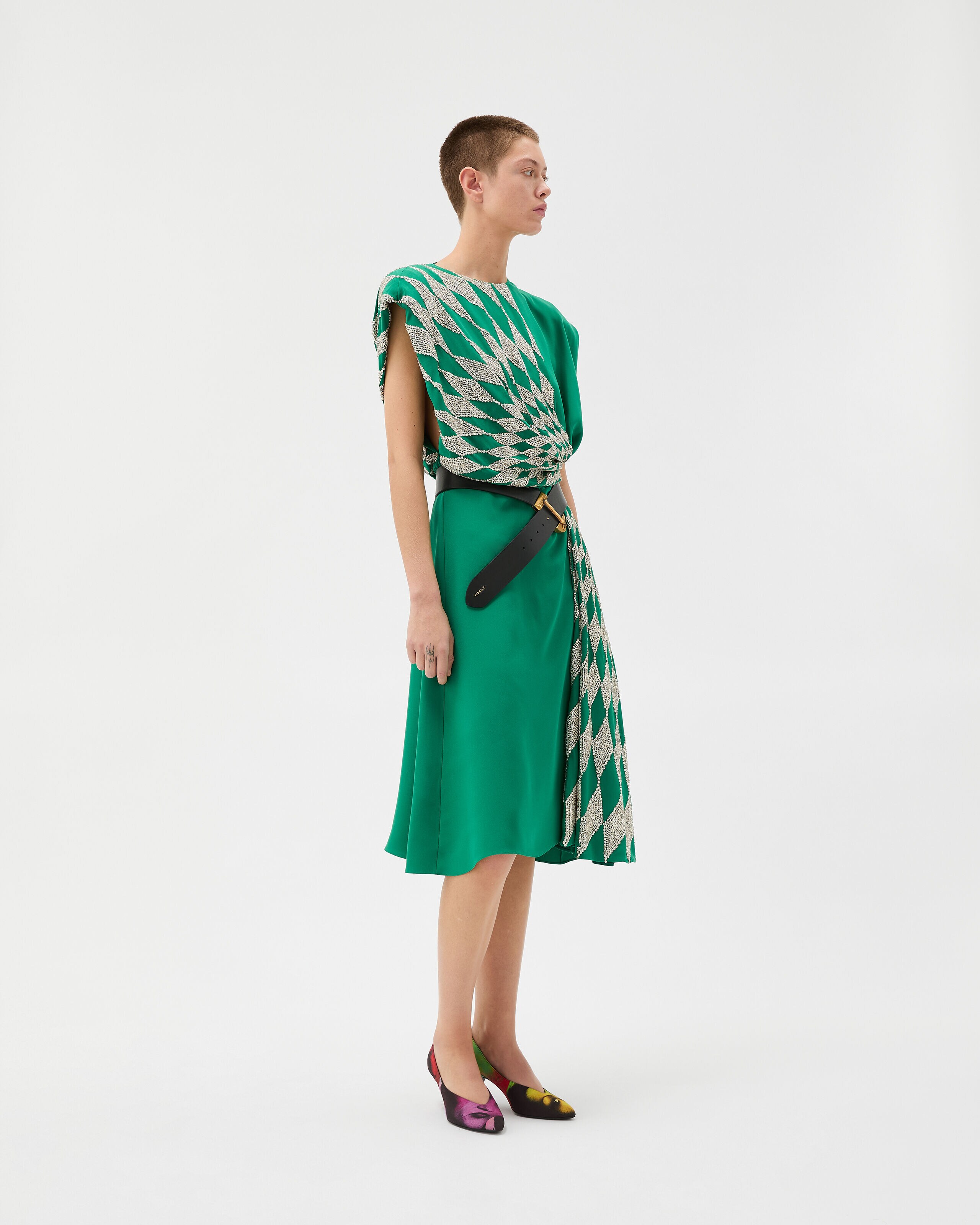 Embroidered Silk Midi Evening Dress Green | VERSACE US