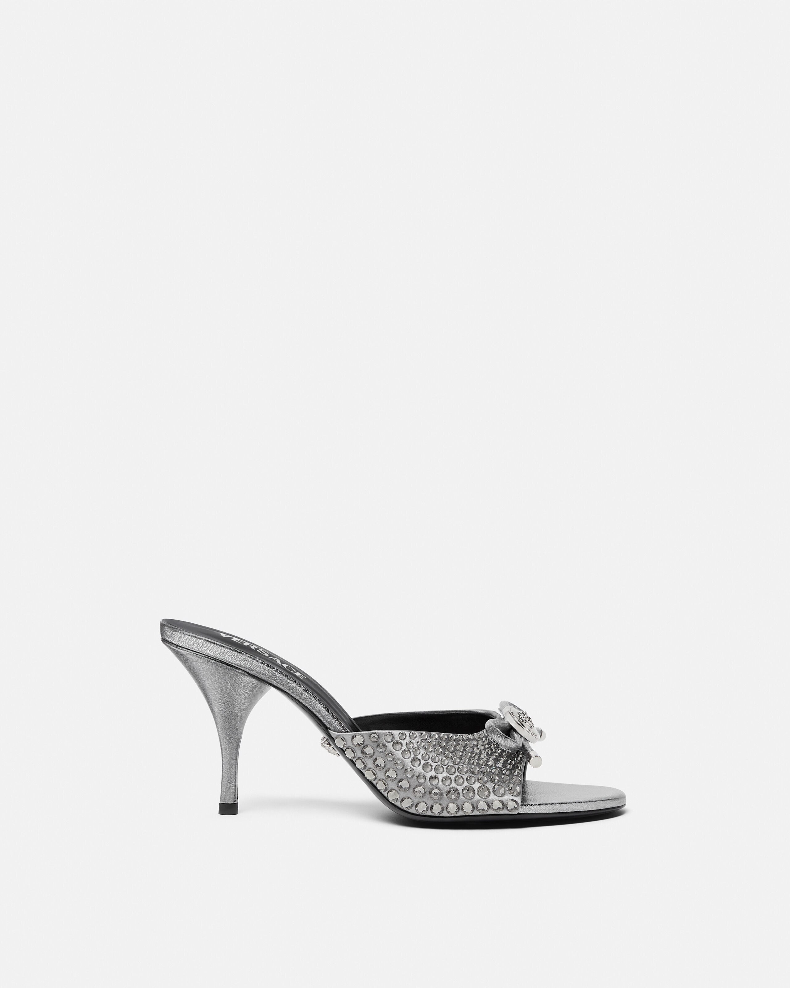 Opera Bow Embellished Mules 85 mm Silver | VERSACE US