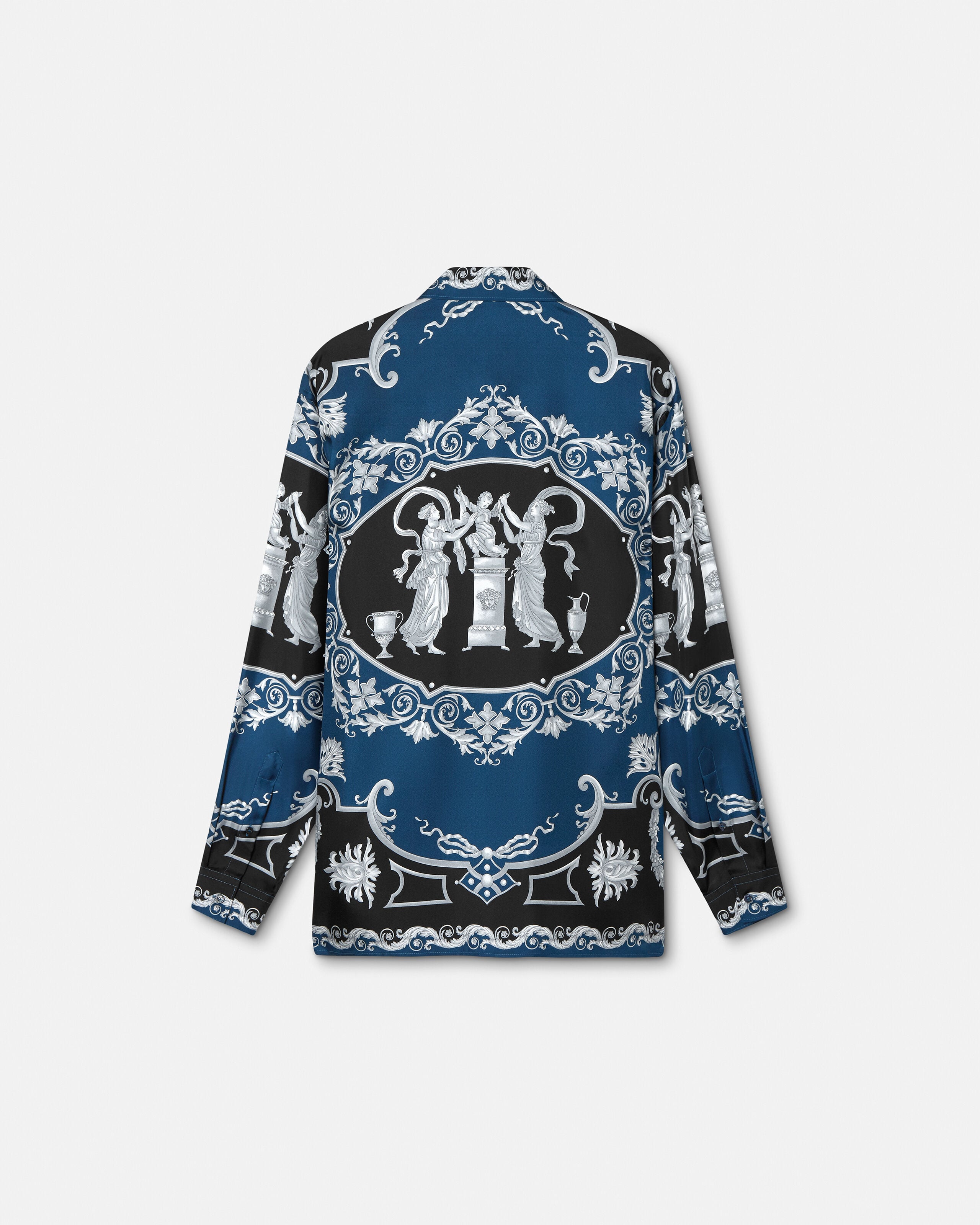 Printed Silk Twill Regular Shirt Black,Blue | VERSACE US