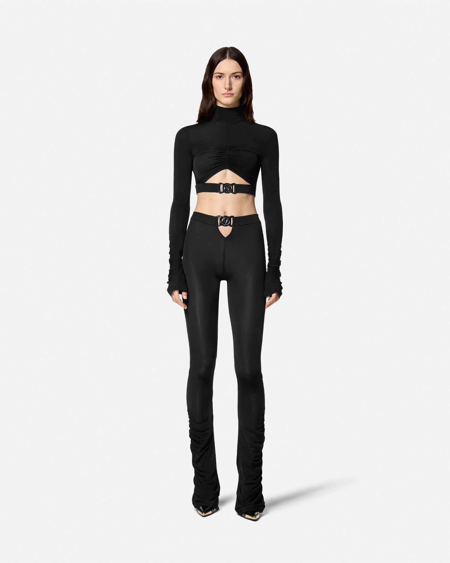 V Emblem Ruched Pants VERSACE