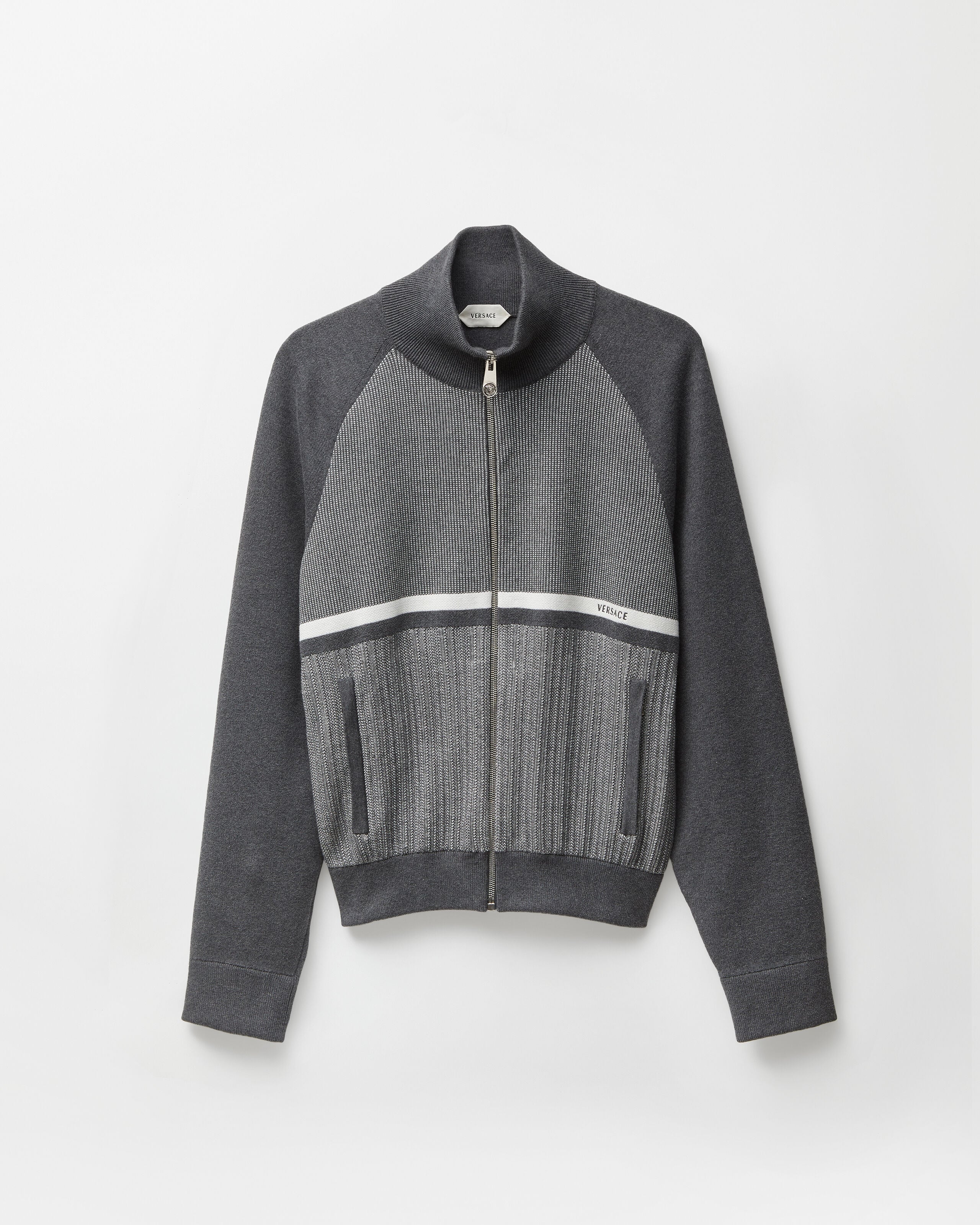 VERSACE グレー ジップアップ　ニット Embroidered Jacquard Cotton Knit Zip Sweater Gray | VERSACE