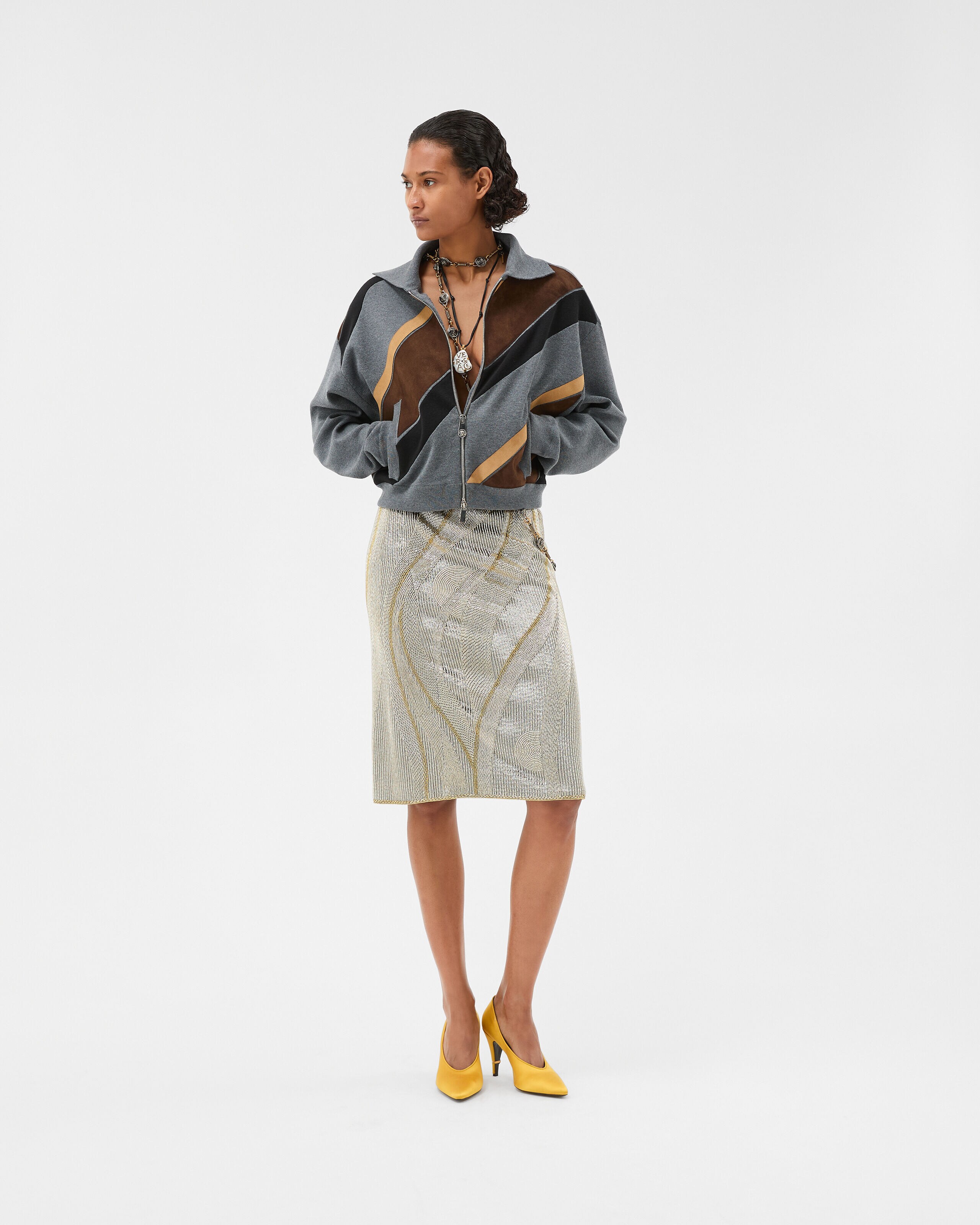 Intarsia-Wool & Leather Patchwork Zip Sweatshirt Gray | VERSACE TH