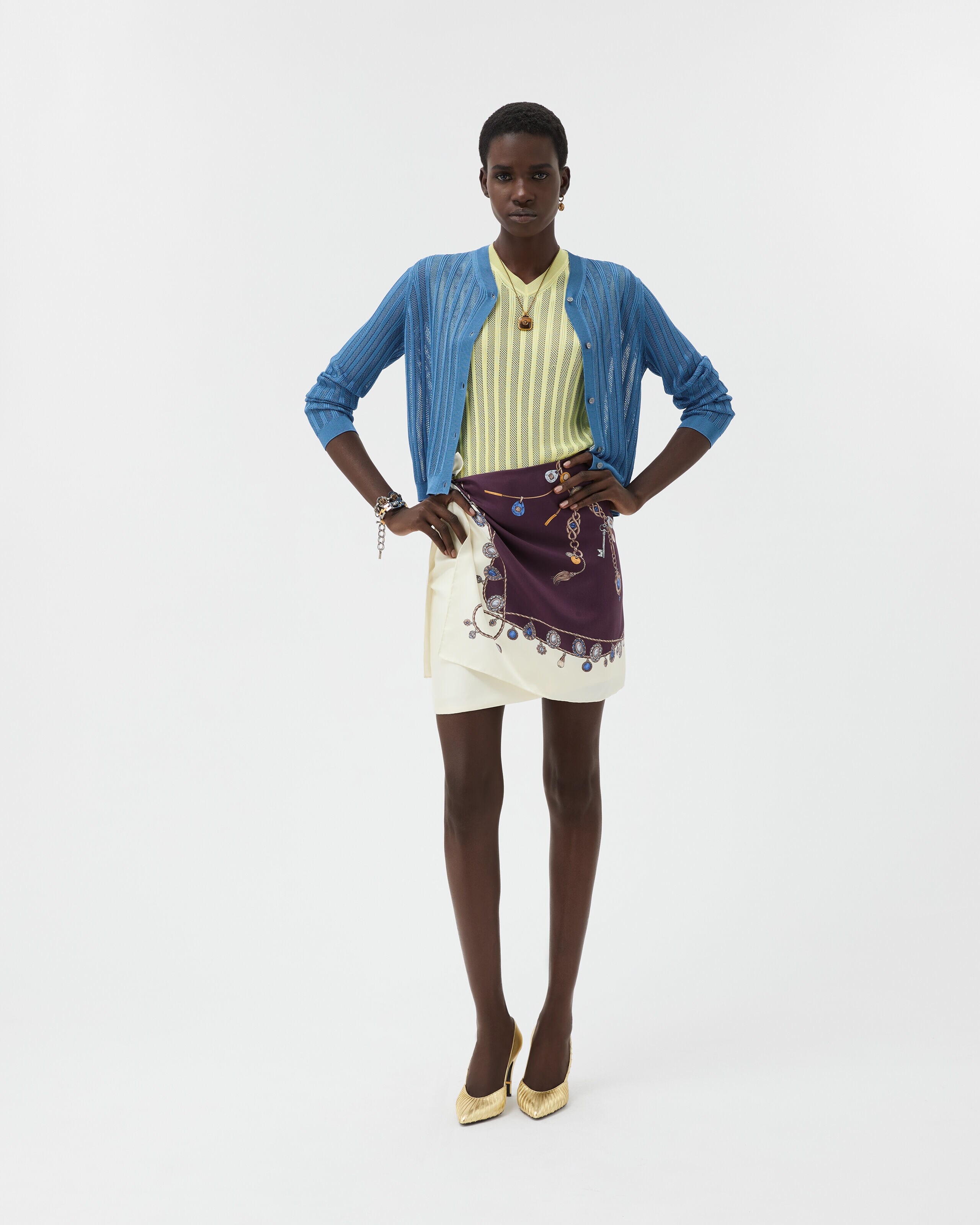 Viscose Mesh Ribbed Knit Cardigan Blue | VERSACE