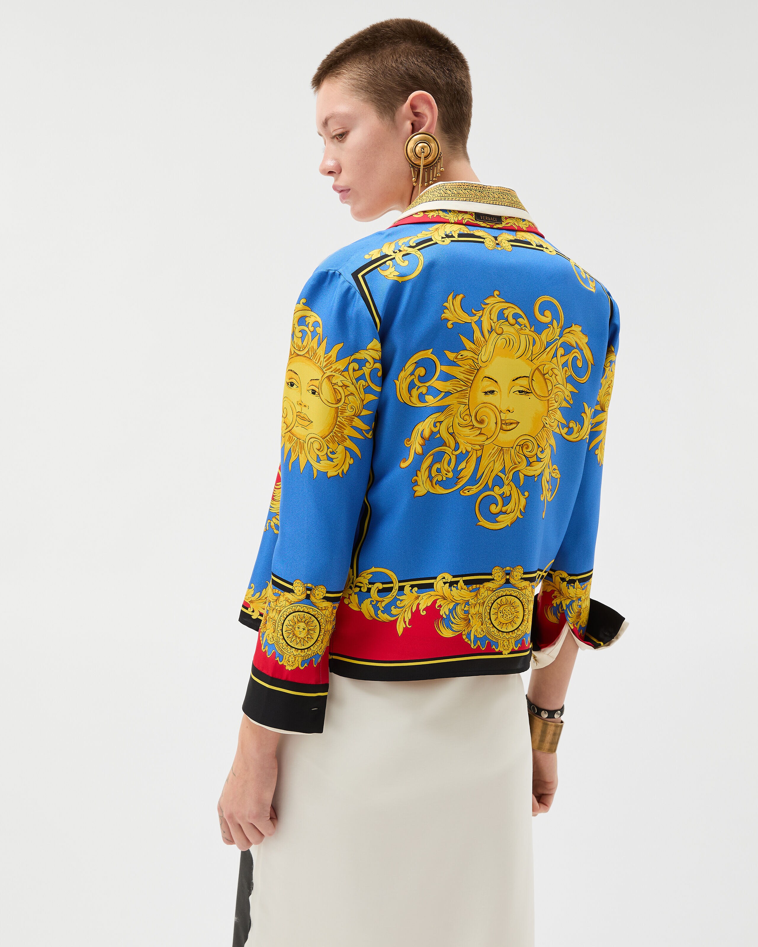 Printed Silk Twill Shirt Blue,Print | VERSACE CA