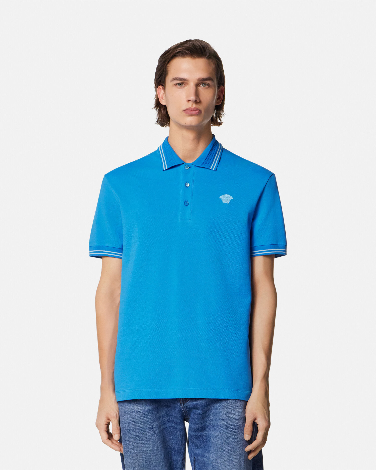 THE TOÉ Hydra Polo Onepiece Medusa Polo Shirt Blue | VERSACE IN