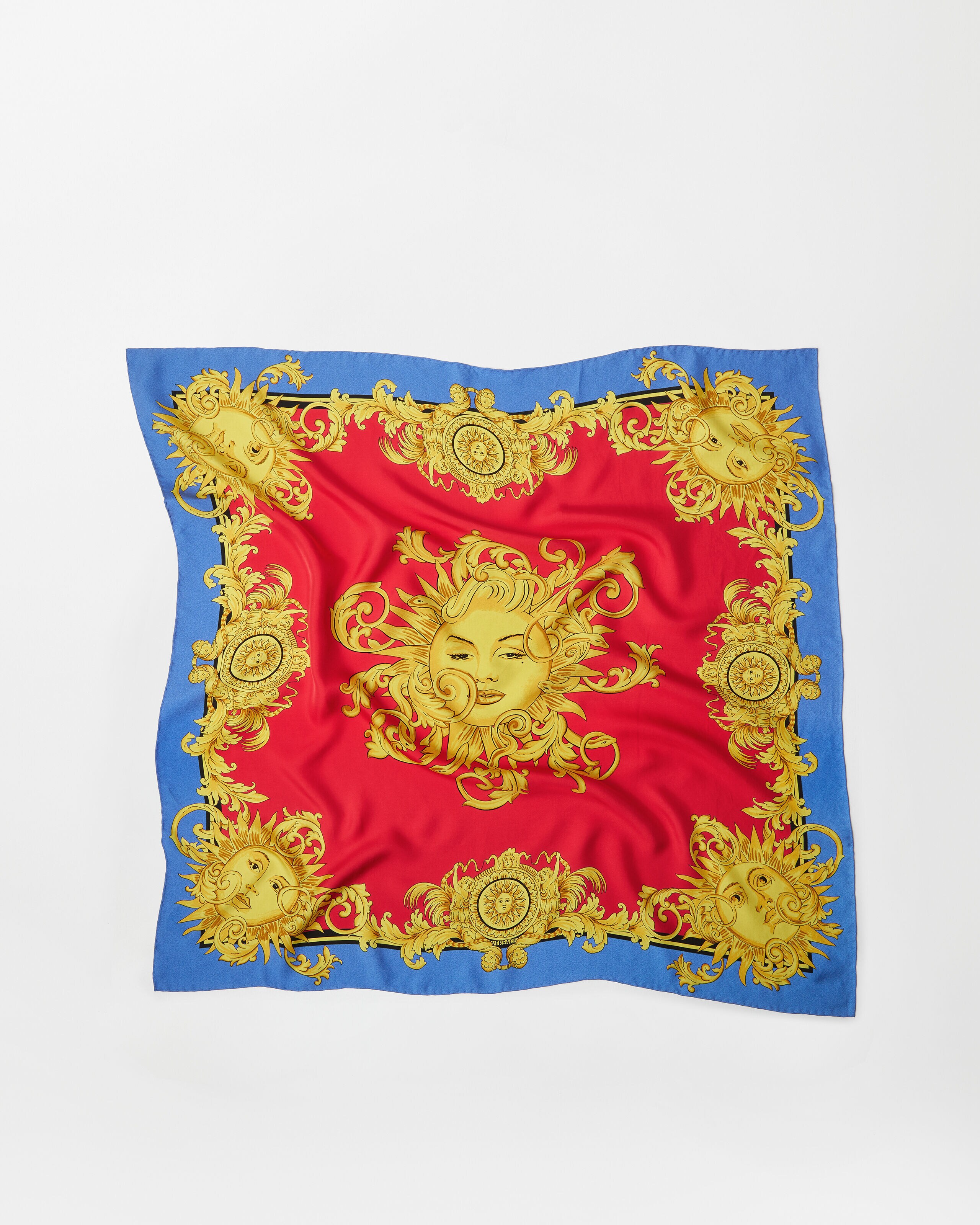 Printed Silk Twill Scarf 90 cm Blue,Print | VERSACE US