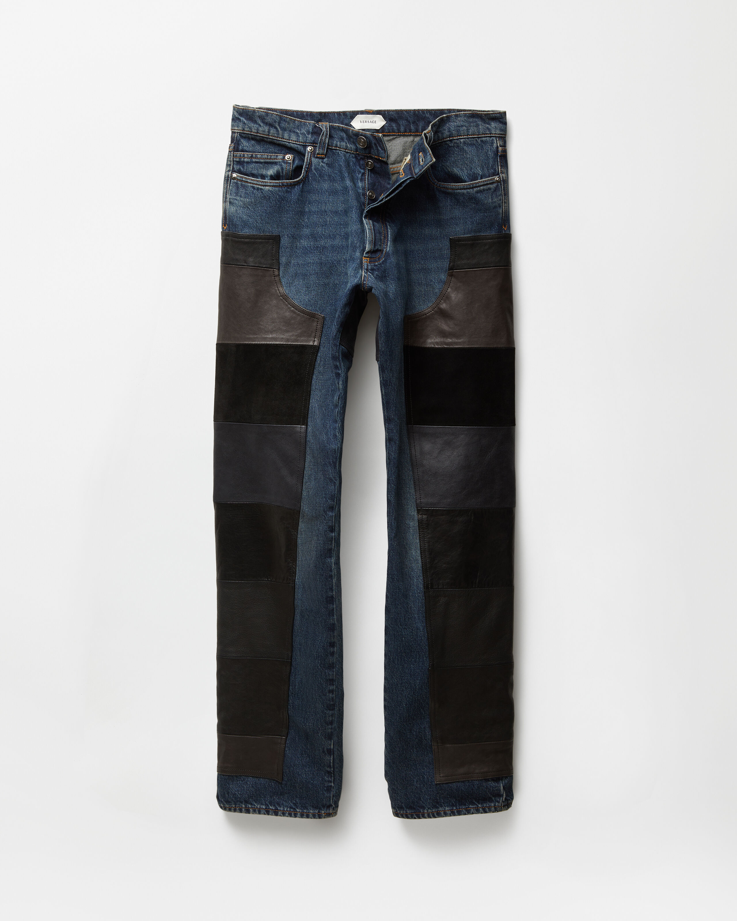Leather Patchwork Straight Jeans Blue,Black | VERSACE US