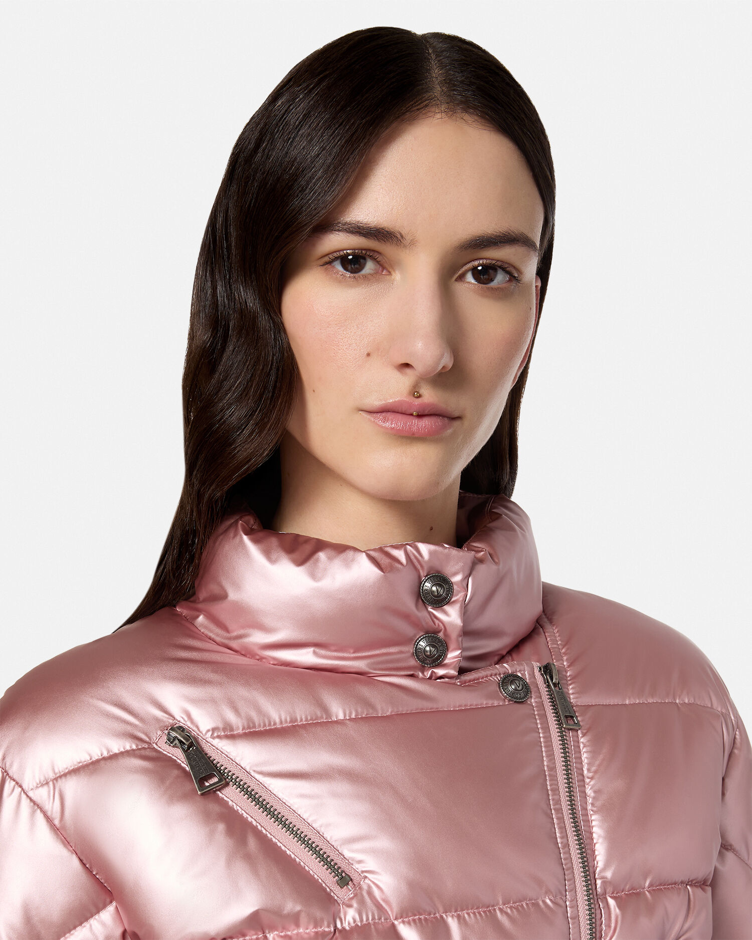 Baroque Buckle Metallic Puffer Jacket Pink VERSACE