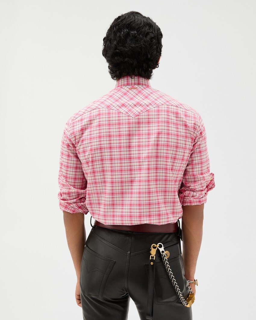 Checked Cotton-Poplin Slim Shirt Red+White 3