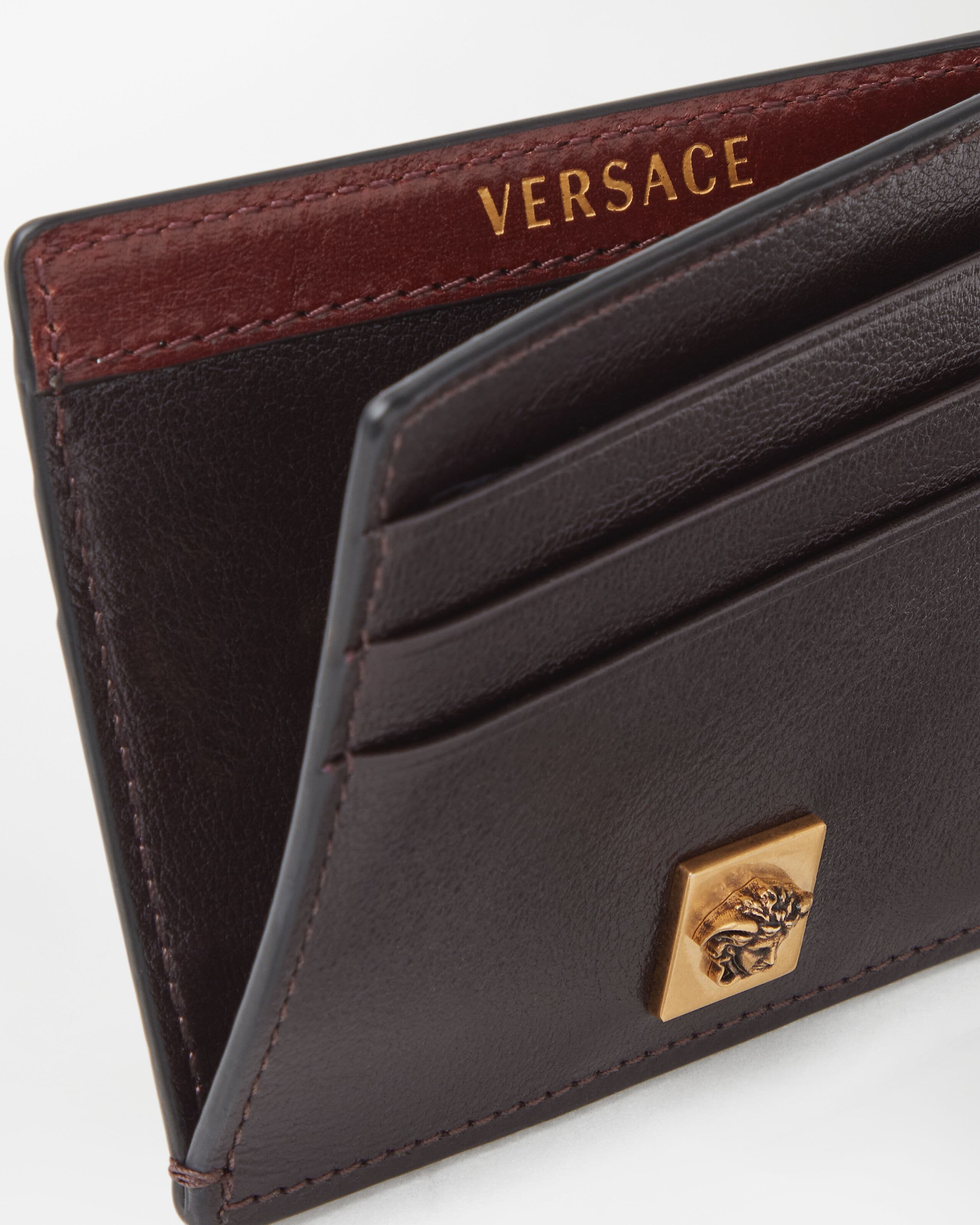 Severine Leather Card Holder Brown | VERSACE US
