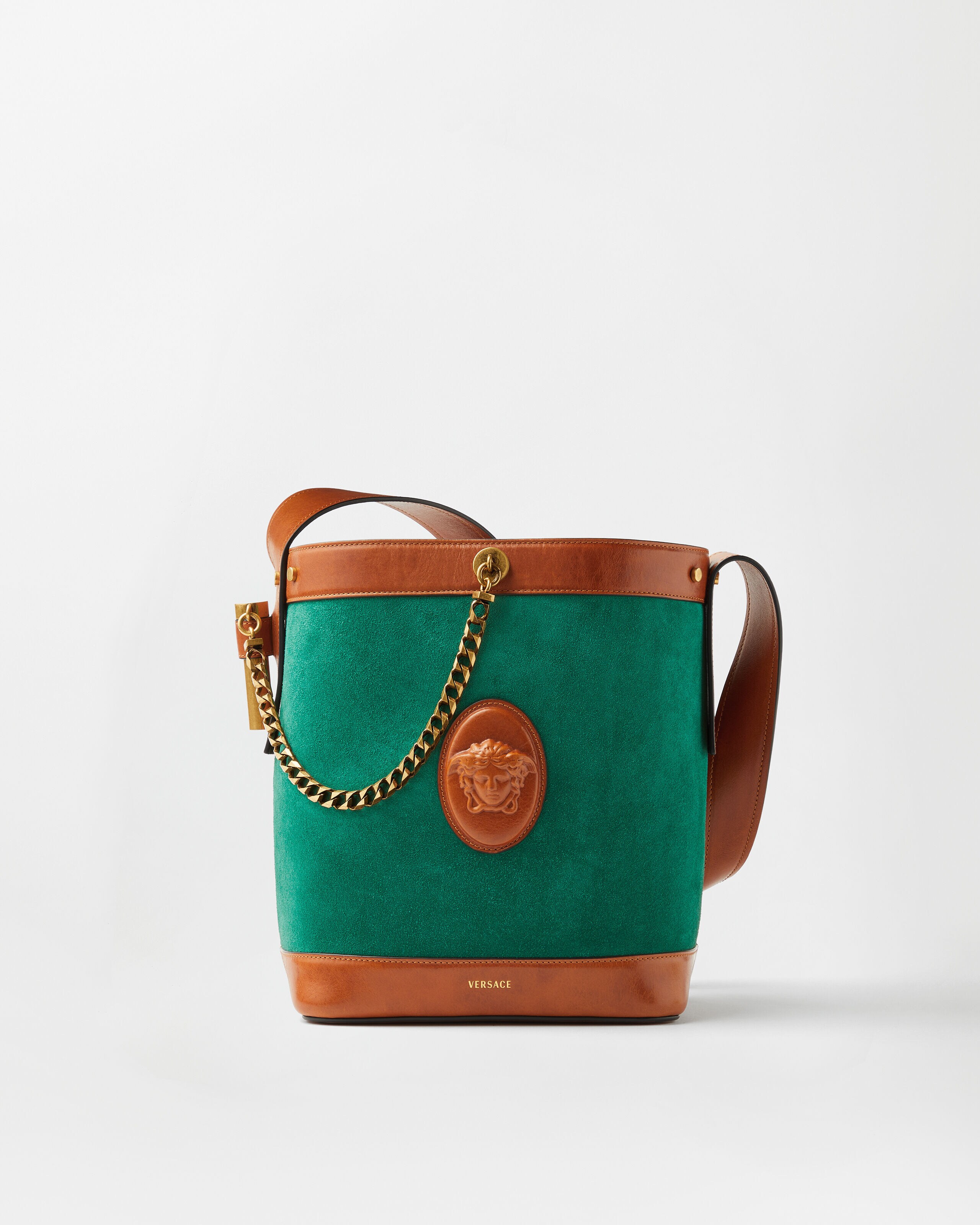 Pivot Small Suede Bucket Bag Green | VERSACE US