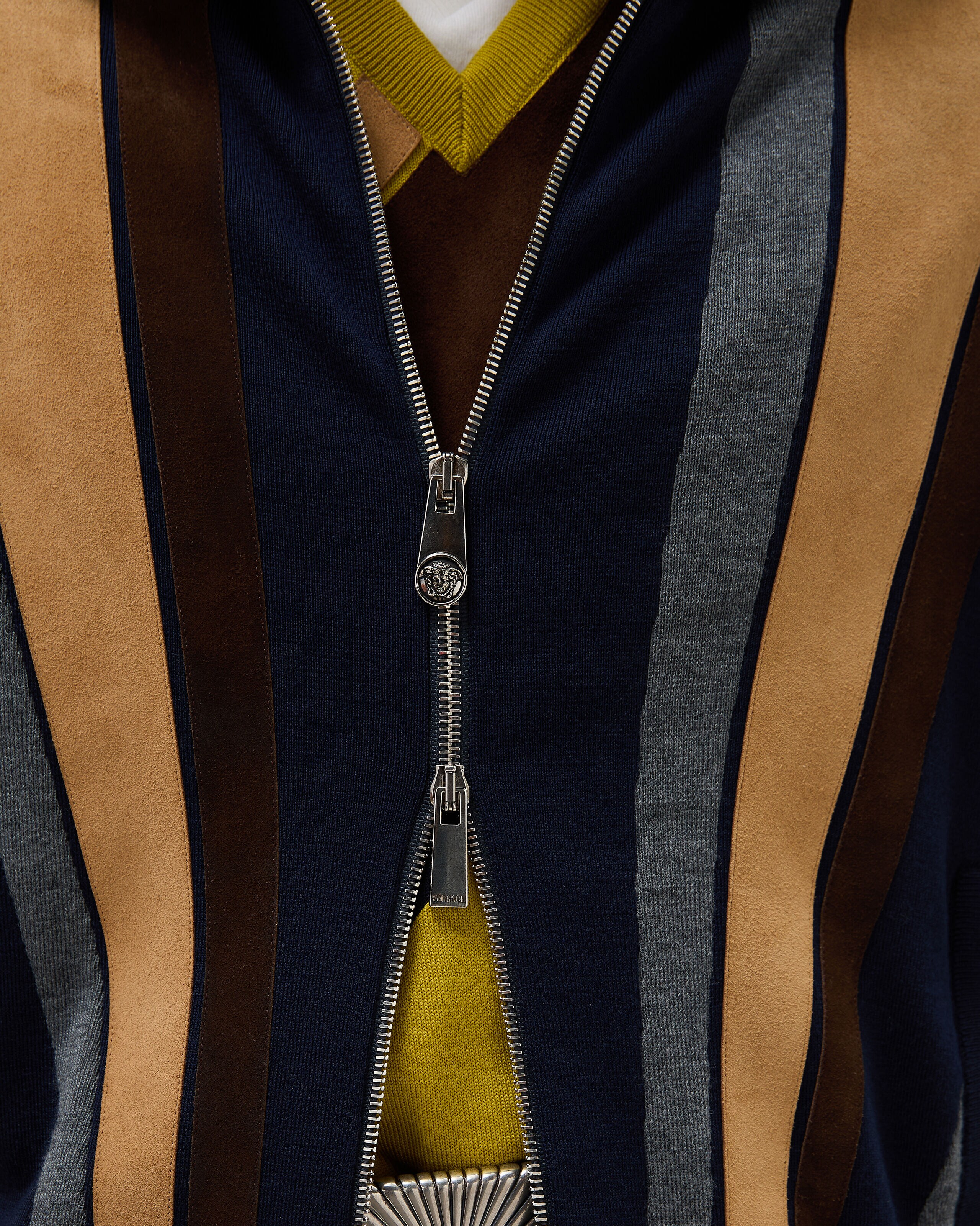 Intarsia-Wool & Leather Patchwork Zip Sweater Blue | VERSACE US