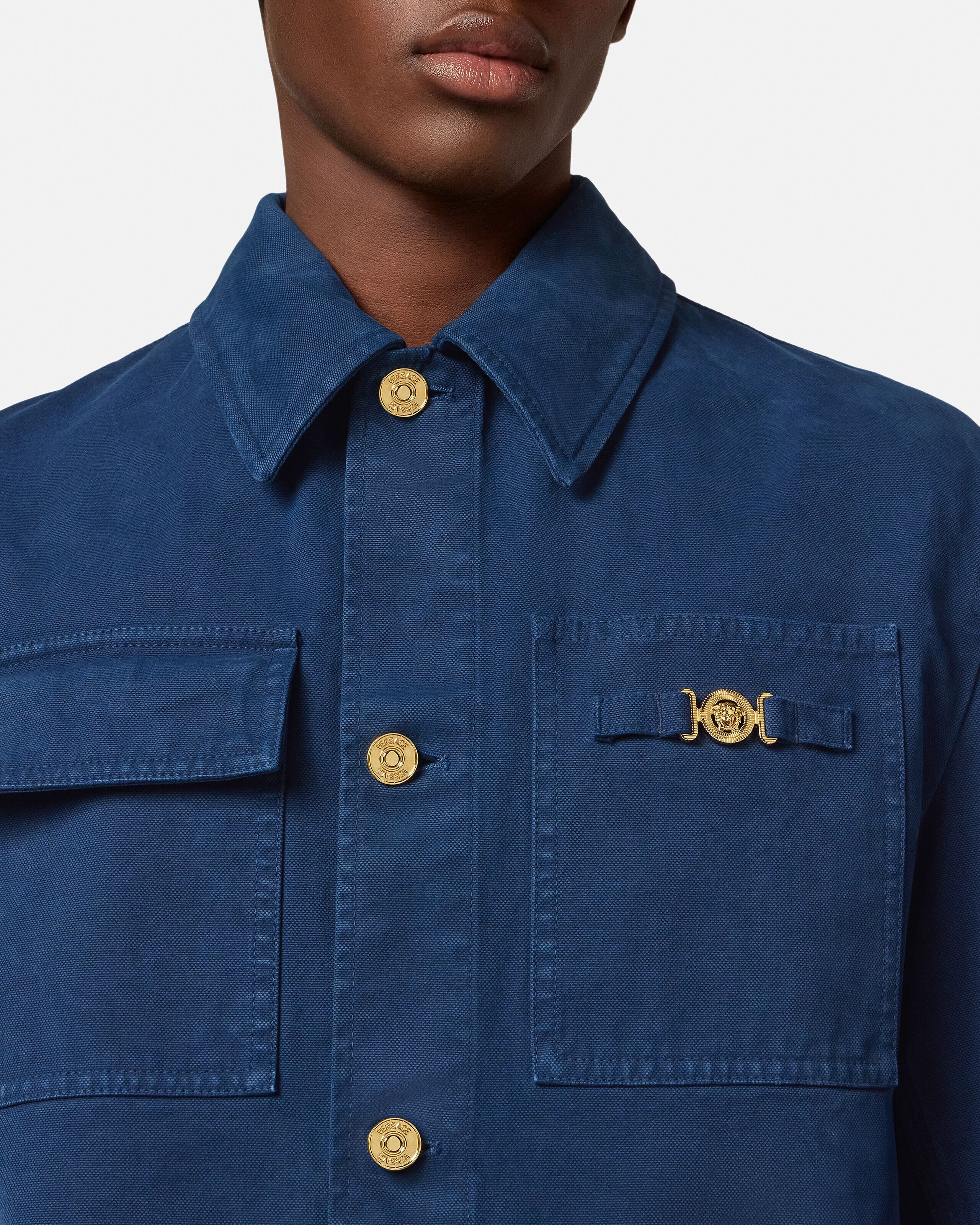 Overdyed Canvas Carpenter Jacket Blue | VERSACE US