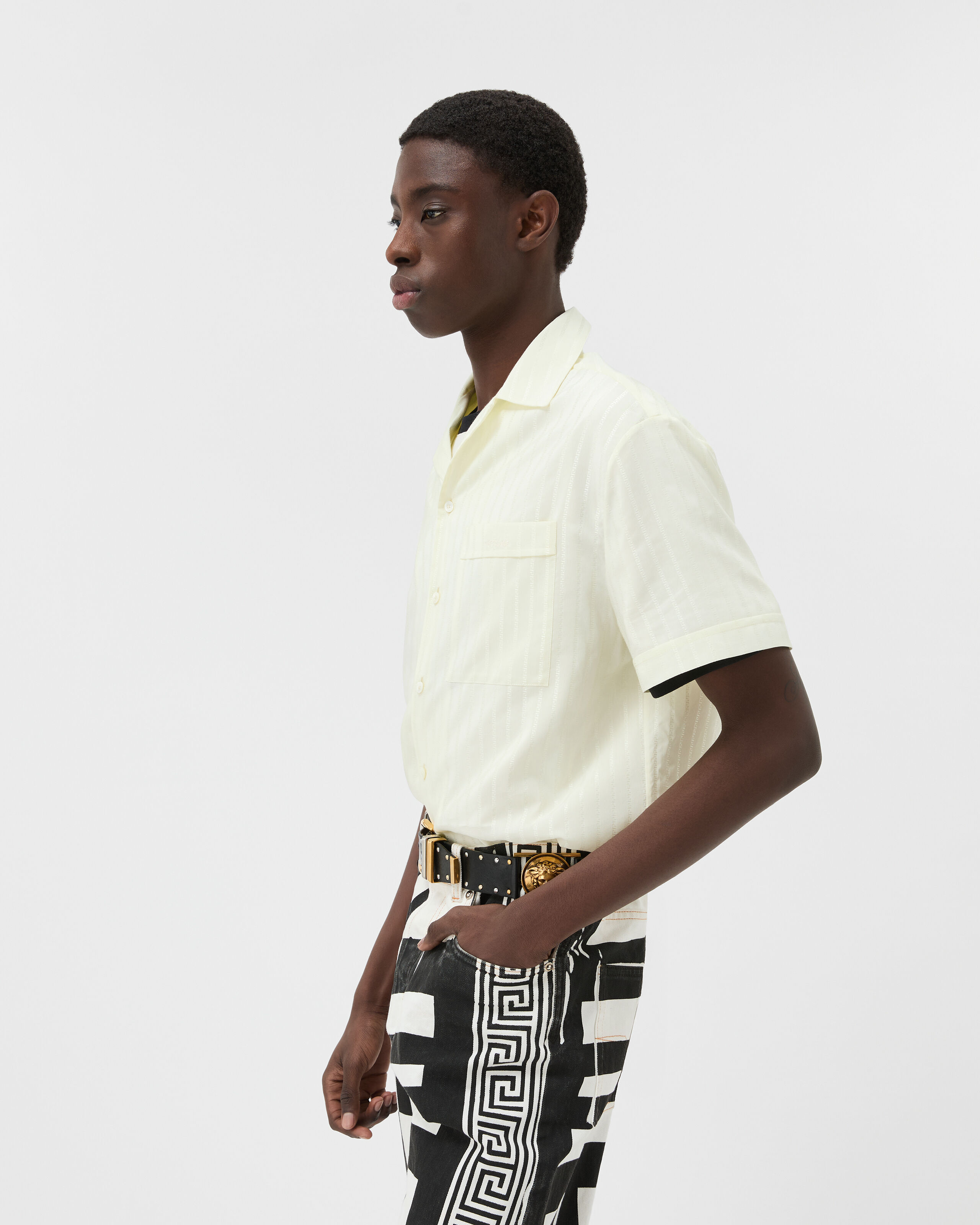 Jacquard Cotton-Silk Regular Shirt Yellow | VERSACE UK